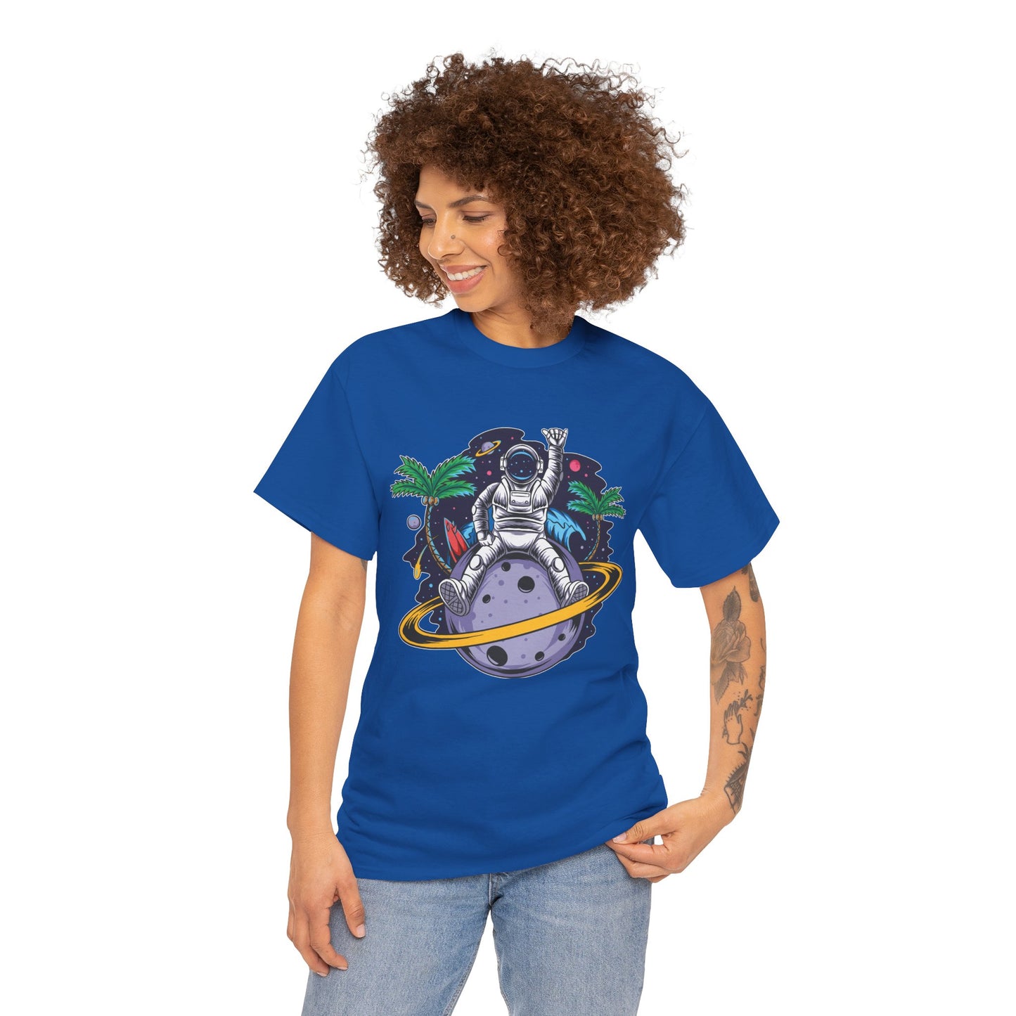 Cosmic Adventure, Unisex Heavy Cotton Tee - Astronaut & Planet Design, graphic design, png, art