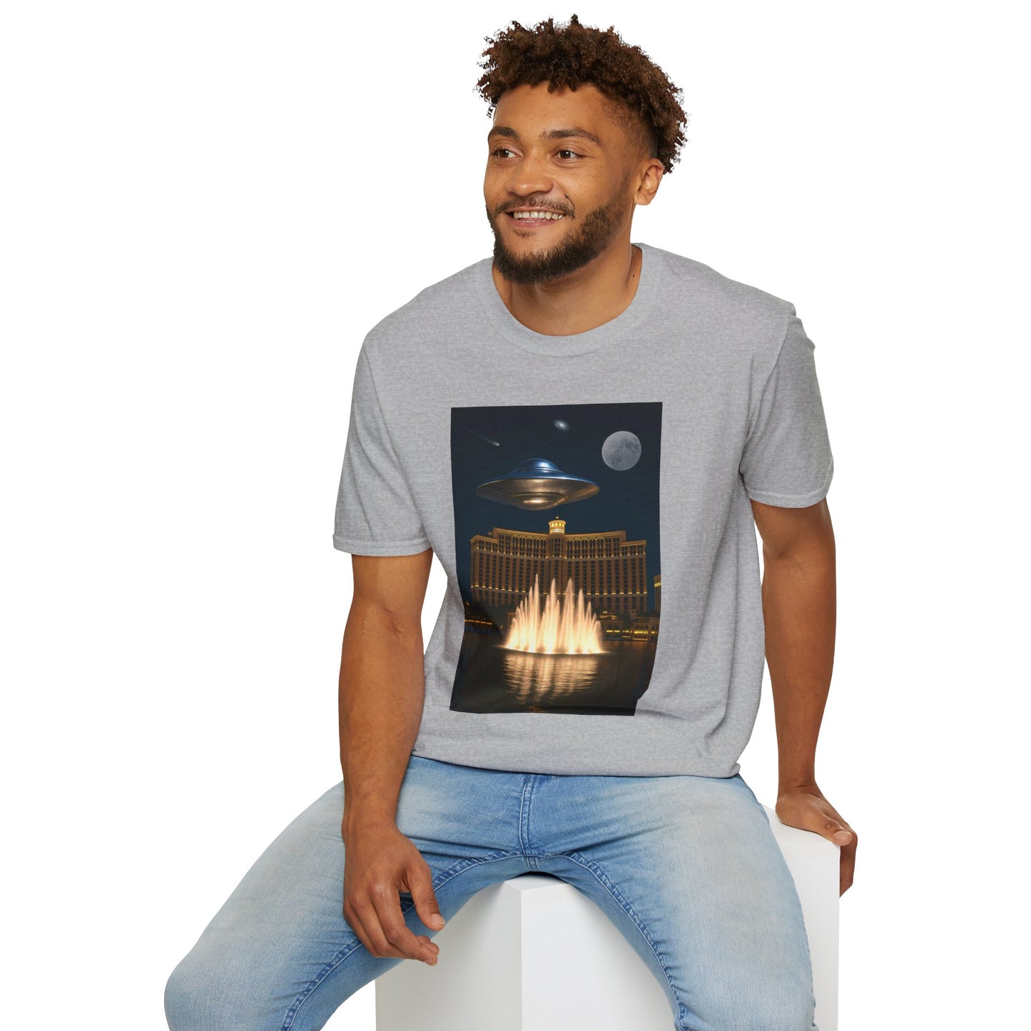 Cosmic Vibes Unisex T-Shirt - UFO & Moon Design, Relaxed Fit Tee for Space Lovers, Gift for Sci-Fi Fans, Casual Wear, Everyday Essentials, t-shirt, tshirt, png