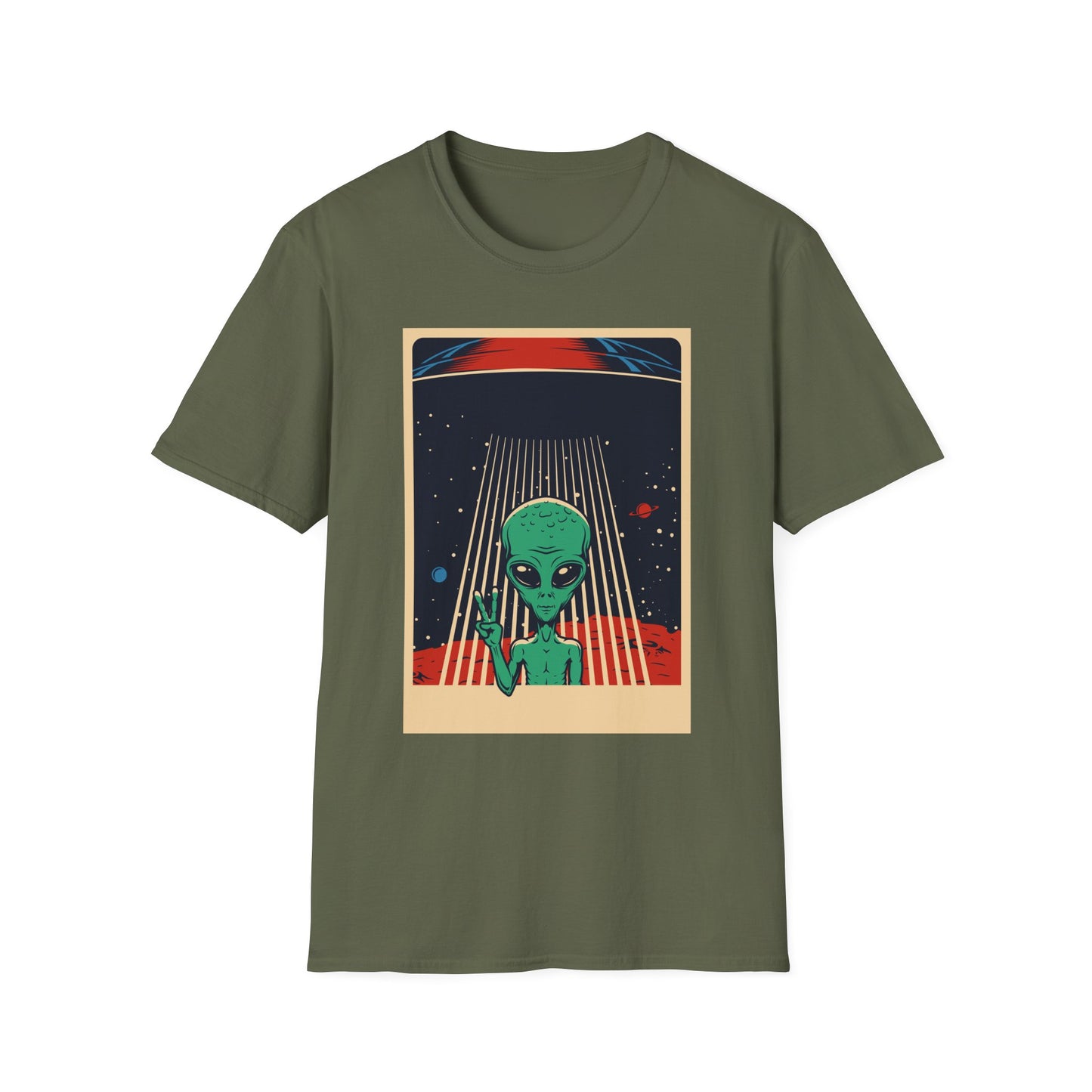 Cosmic Alien Peace Unisex Softstyle T-Shirt, Vintage UFO Tee, Space Lover Gift, Sci-Fi Fan Shirt, Trendy Graphic Tee, GraphicTees, t-shirts
