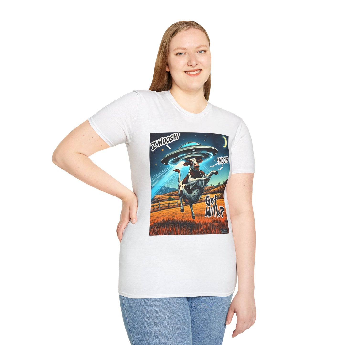 Funny Alien Cow T-Shirt - Got Milk? Unisex Soft style graphic Tee, UFO, galaxies, space, Blackhole, graphic design, png, sublimation
