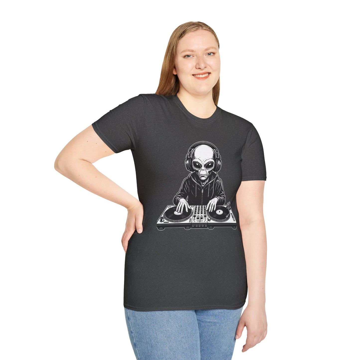 DJ Alien Graphic T-Shirt | Unisex Softstyle Tee for Music Lovers, Gifts for DJs, Cool Casual Wear, Festival Apparel, Unique Alien Design