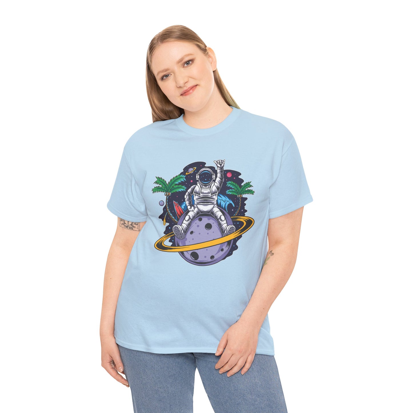Cosmic Adventure, Unisex Heavy Cotton Tee - Astronaut & Planet Design, graphic design, png, art