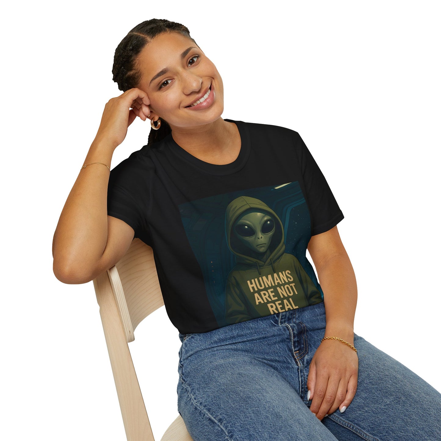 Humans Are Not Real, Alien Humor Unisex T-Shirt, Funny Graphic Tee, Space Lover Gift, Casual Wear, Gift for Nerds, Quirky Statement Shirt