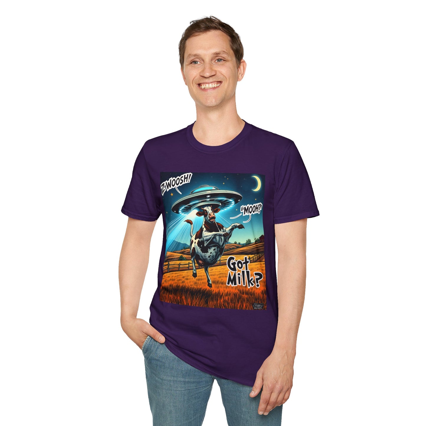 Funny Alien Cow T-Shirt - Got Milk? Unisex Soft style graphic Tee, UFO, galaxies, space, Blackhole, graphic design, png, sublimation