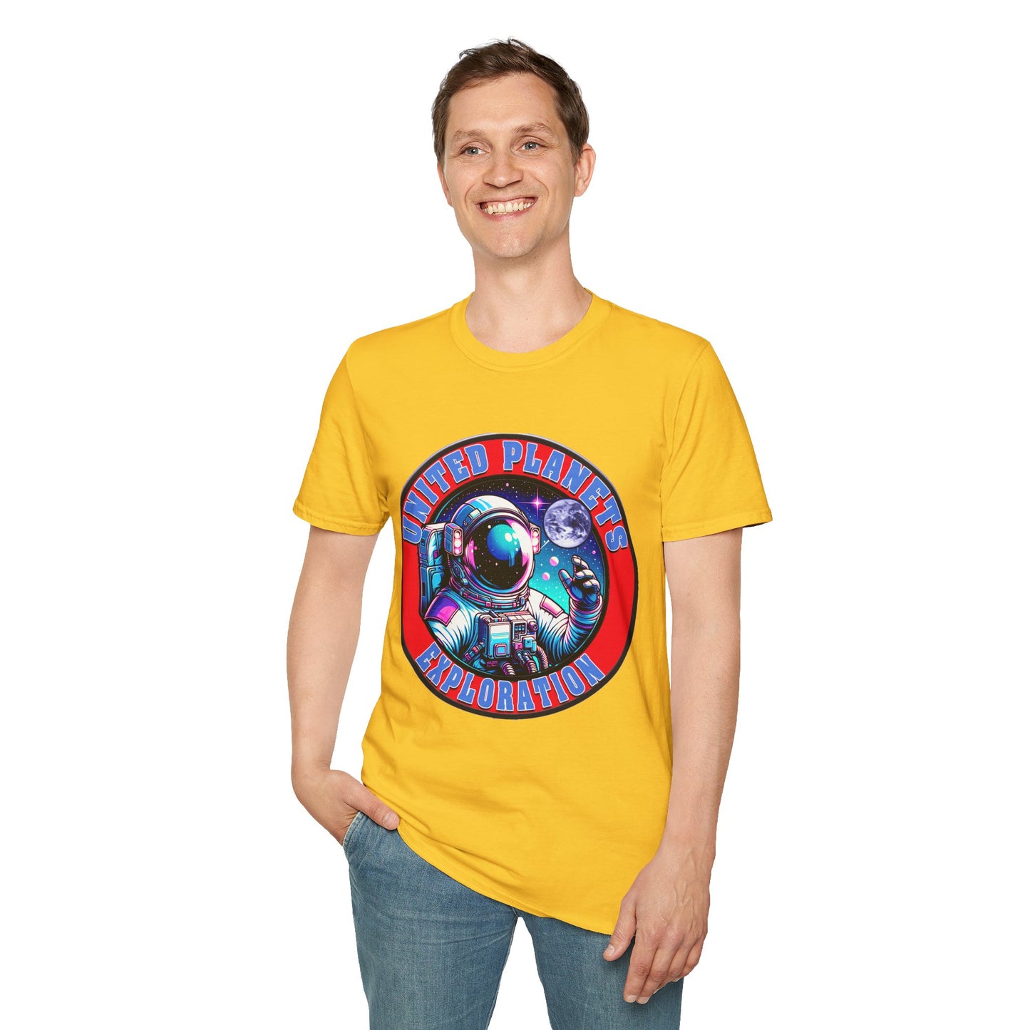 United Planets Exploration Astronaut T-Shirt, Science Themed Tee, Outer Space Shirt for Gift, Birthday, Unisex Softstyle Apparel