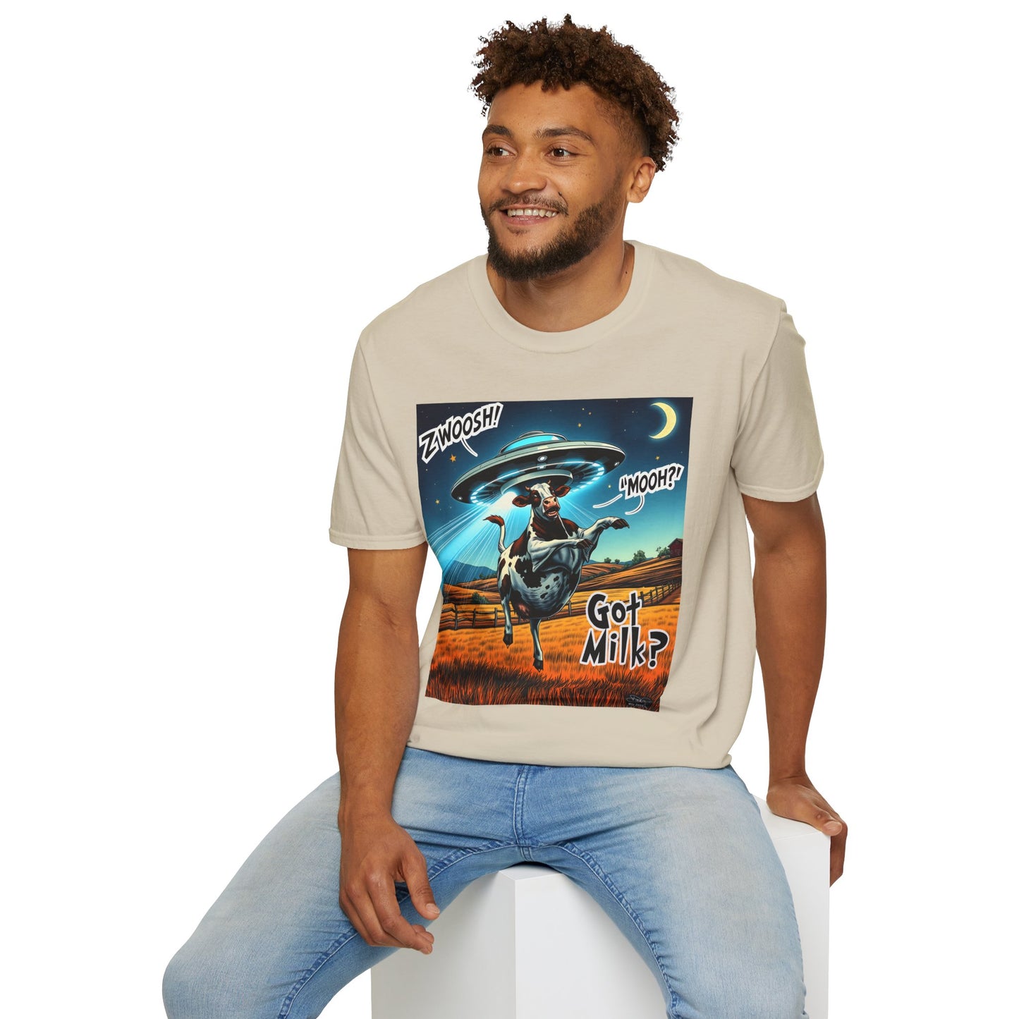 Funny Alien Cow T-Shirt - Got Milk? Unisex Soft style graphic Tee, UFO, galaxies, space, Blackhole, graphic design, png, sublimation