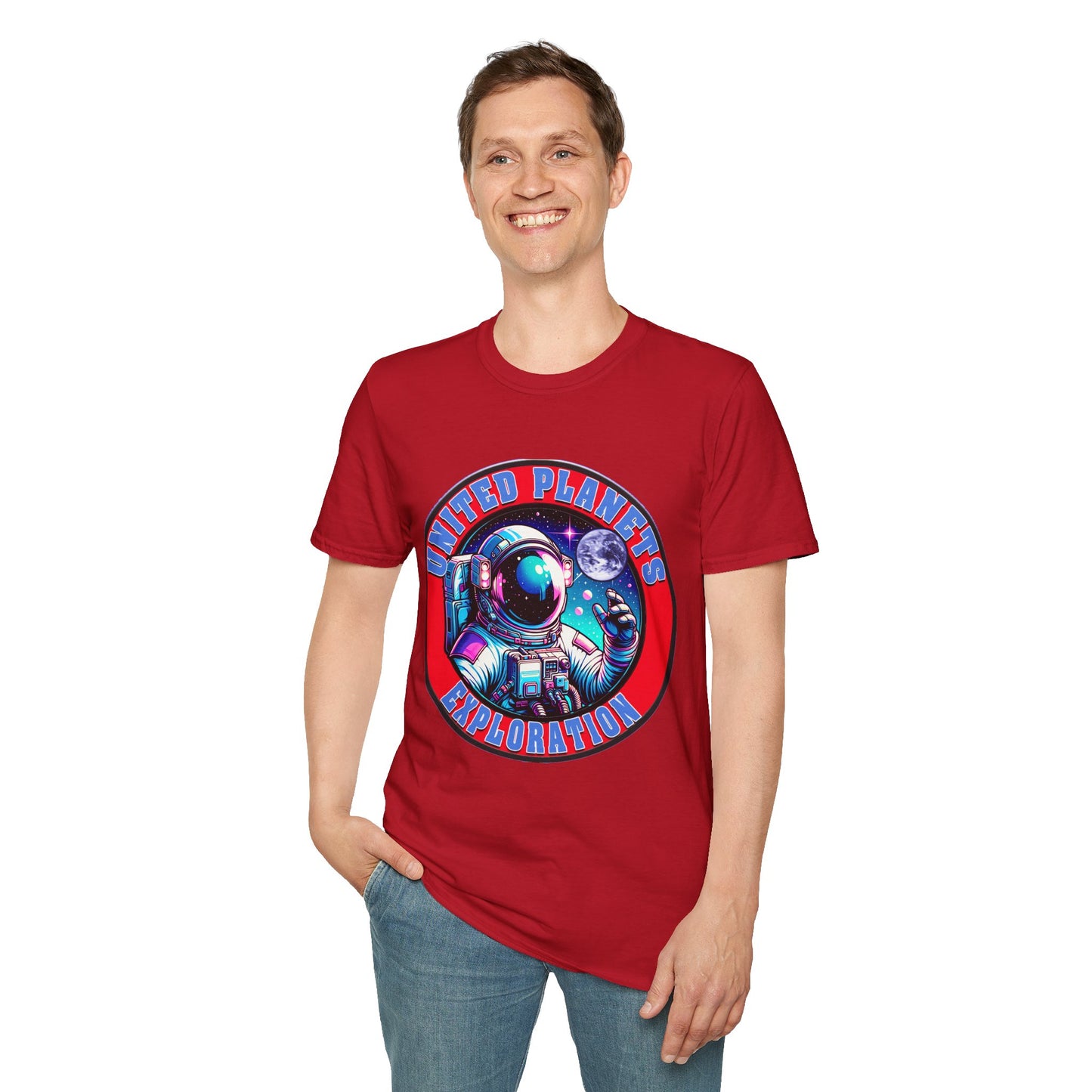 United Planets Exploration Astronaut T-Shirt, Science Themed Tee, Outer Space Shirt for Gift, Birthday, Unisex Softstyle Apparel