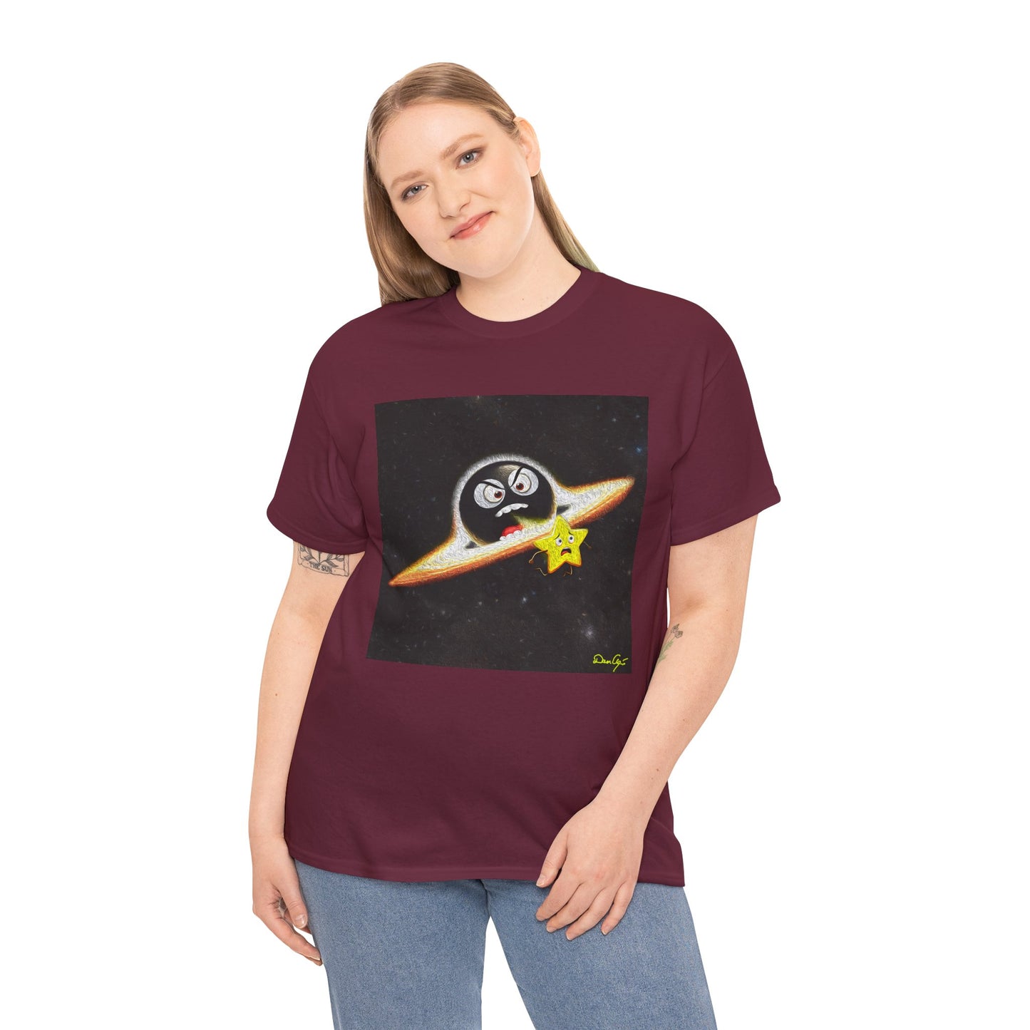 BlackHole Chasing Star, Space-Themed Unisex Heavy Cotton Tee with Cartoon Penguin Design, graphic design, png