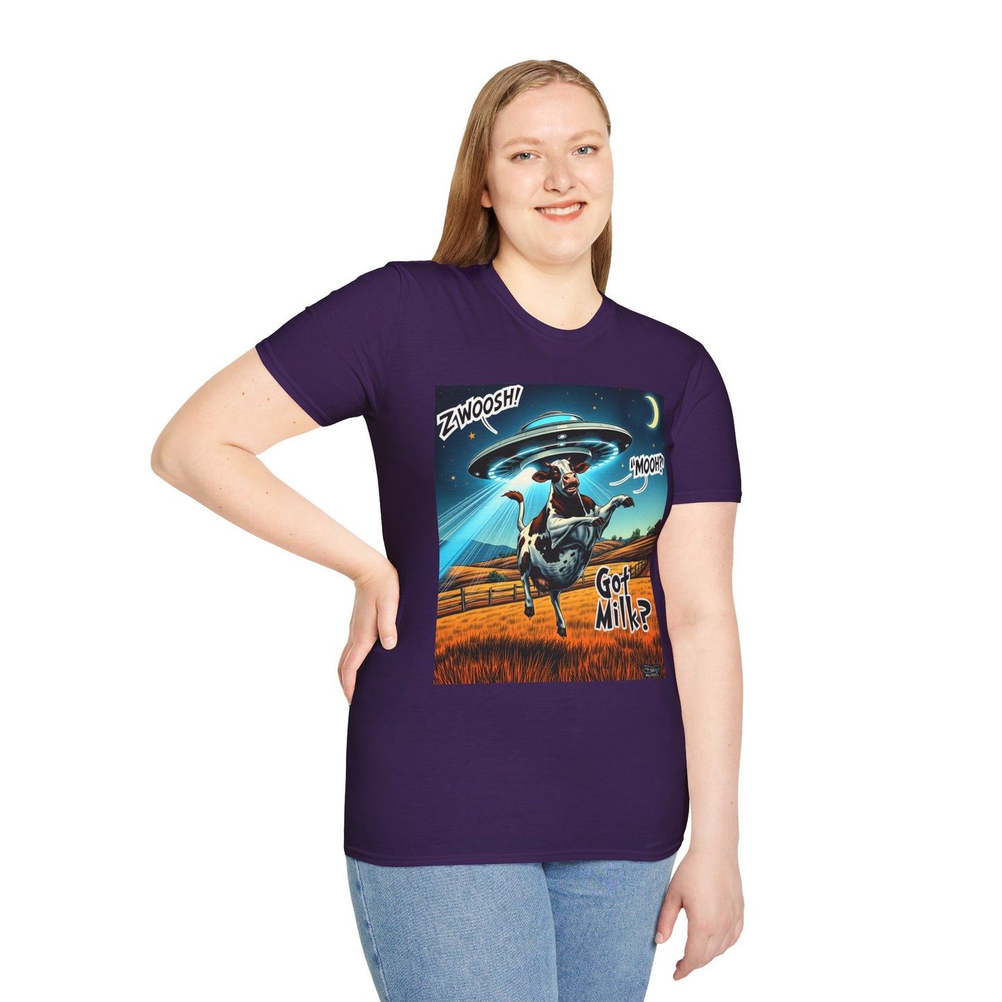 Funny Alien Cow T-Shirt - Got Milk? Unisex Soft style graphic Tee, UFO, galaxies, space, Blackhole, graphic design, png, sublimation