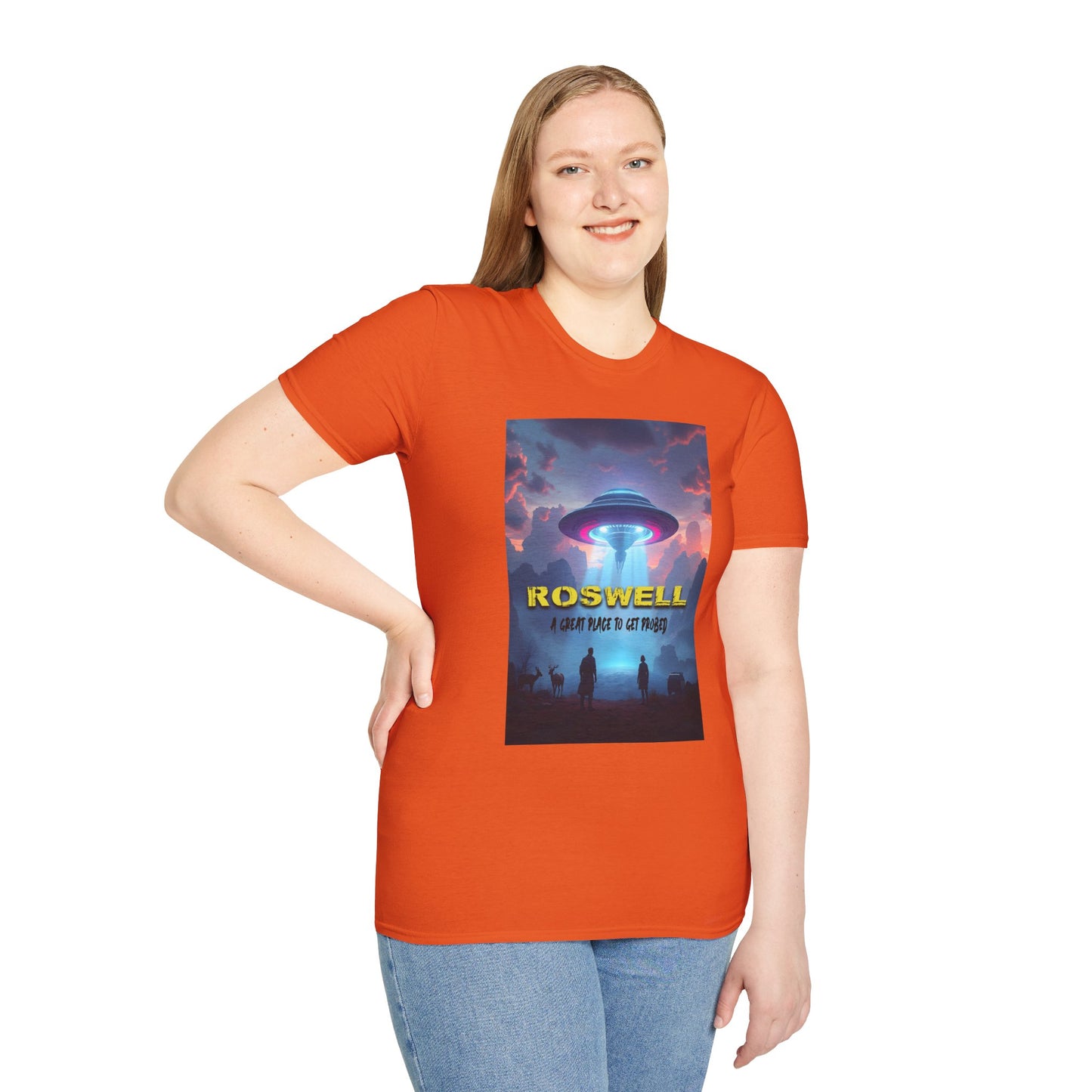 Roswell Probed Retro T-Shirt - Alien UFO Lover Gift, Sci-Fi Apparel, Extraterrestrial Tee, Unisex Softstyle Clothing, graphic design, png