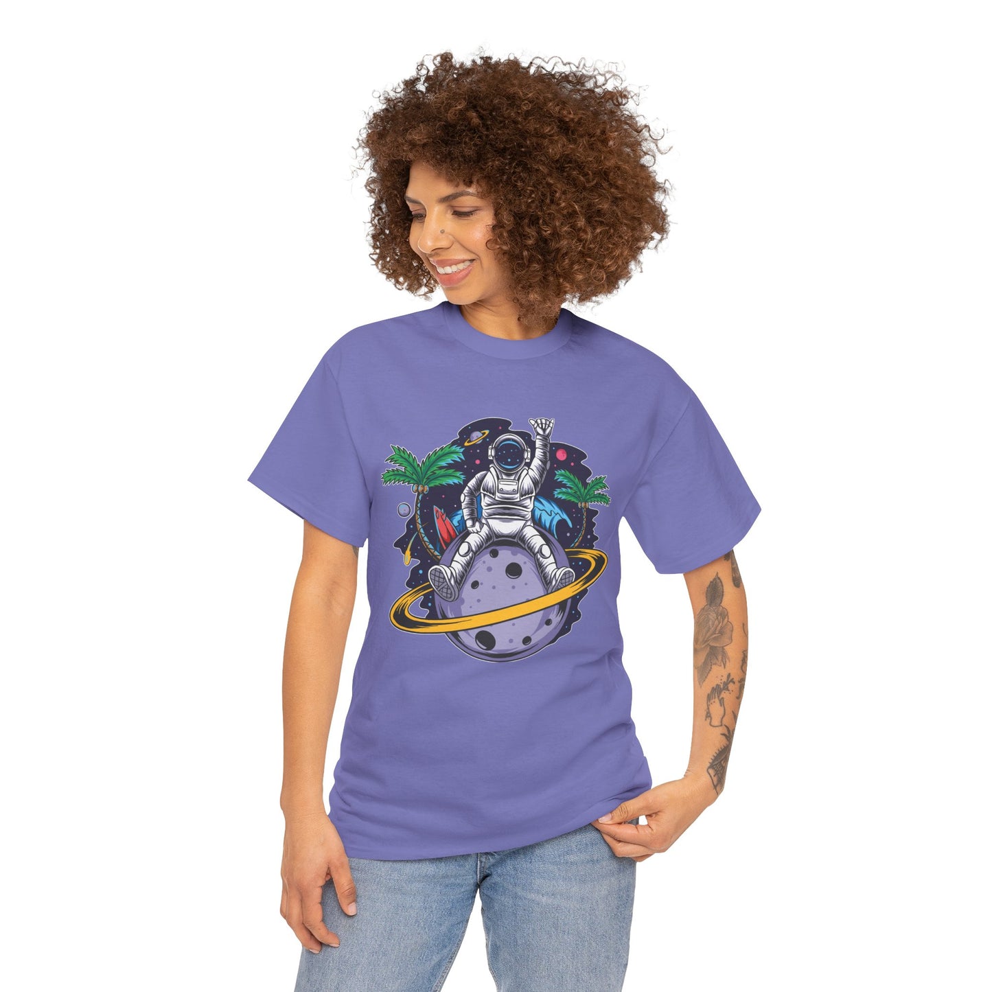 Cosmic Adventure, Unisex Heavy Cotton Tee - Astronaut & Planet Design, graphic design, png, art