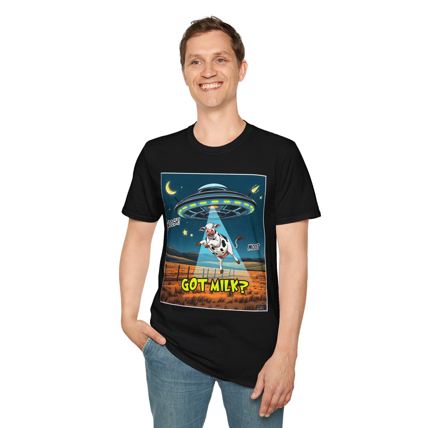 Got Milk? Cow UFO Unisex Softstyle T-Shirt – Fun Graphic Tee for Dairy Lovers, graphic tees, t-shirt, tshirt, graphic design, png
