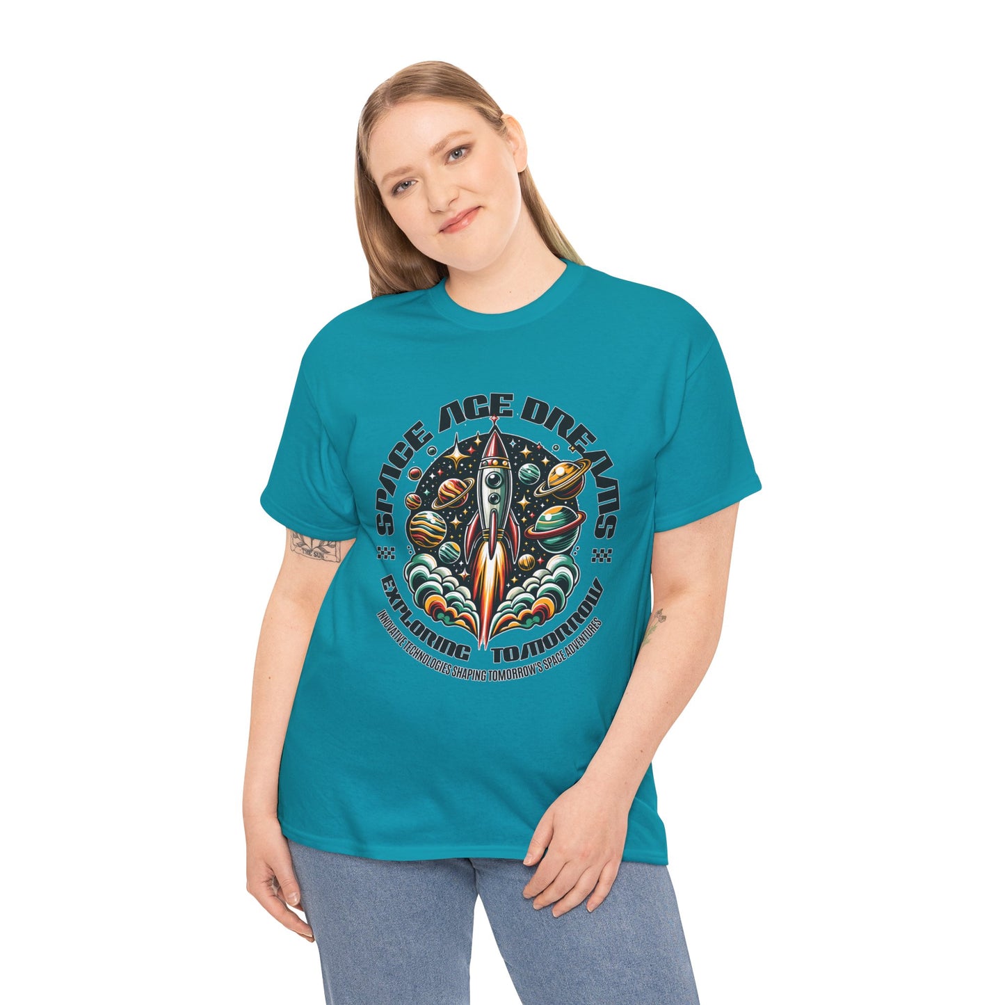 Space Age Dreams, Unisex Heavy Cotton Tee - Retro Rocket Design for Space Lovers, graphic design, png
