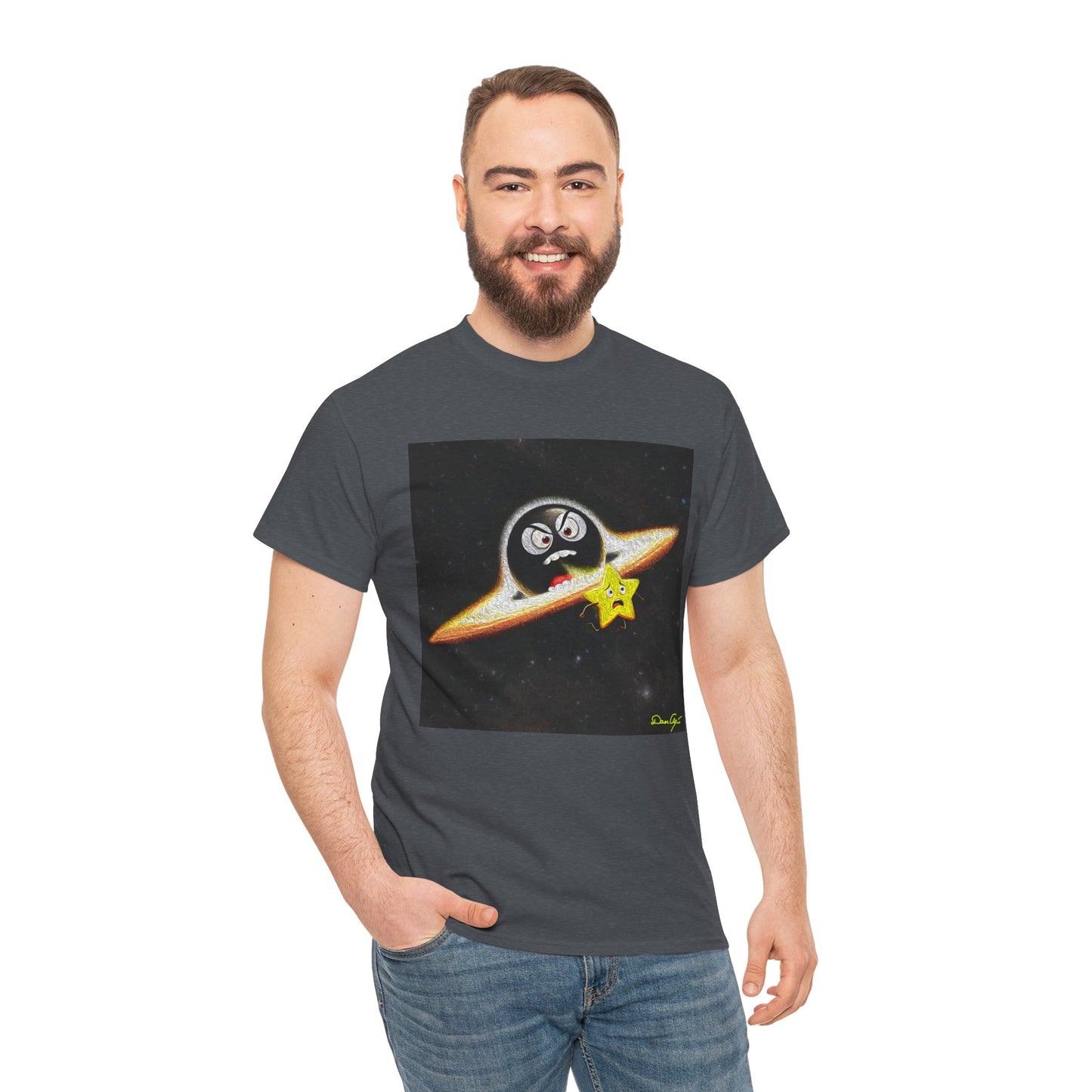 BlackHole Chasing Star, Space-Themed Unisex Heavy Cotton Tee with Cartoon Penguin Design, graphic design, png