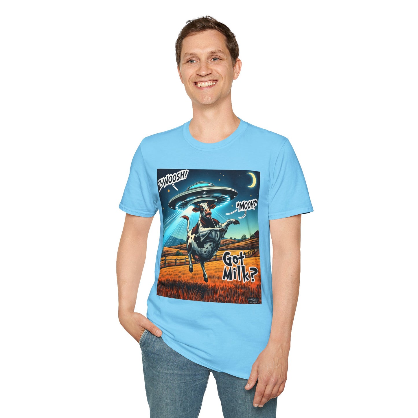 Funny Alien Cow T-Shirt - Got Milk? Unisex Soft style graphic Tee, UFO, galaxies, space, Blackhole, graphic design, png, sublimation