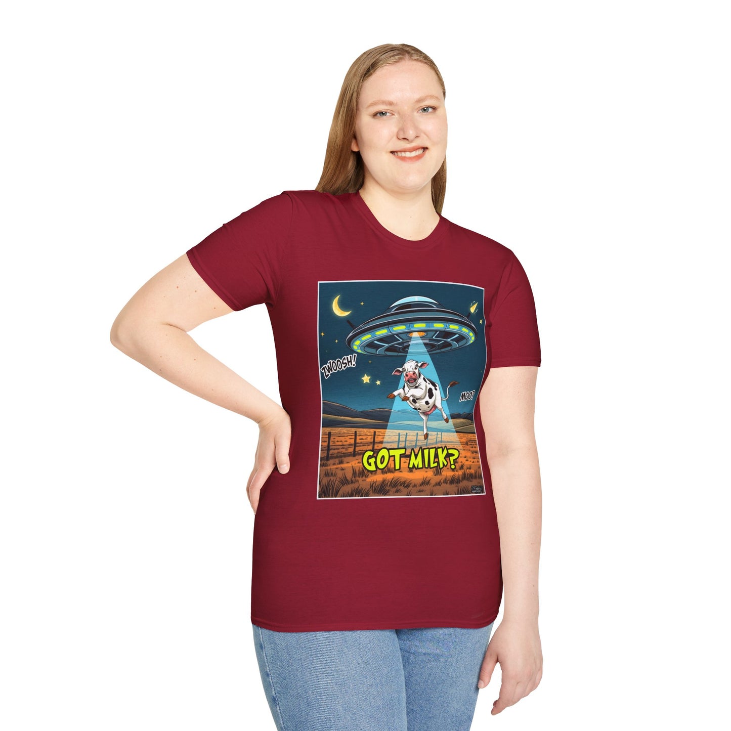 Got Milk? Cow UFO Unisex Softstyle T-Shirt – Fun Graphic Tee for Dairy Lovers, graphic tees, t-shirt, tshirt, graphic design, png