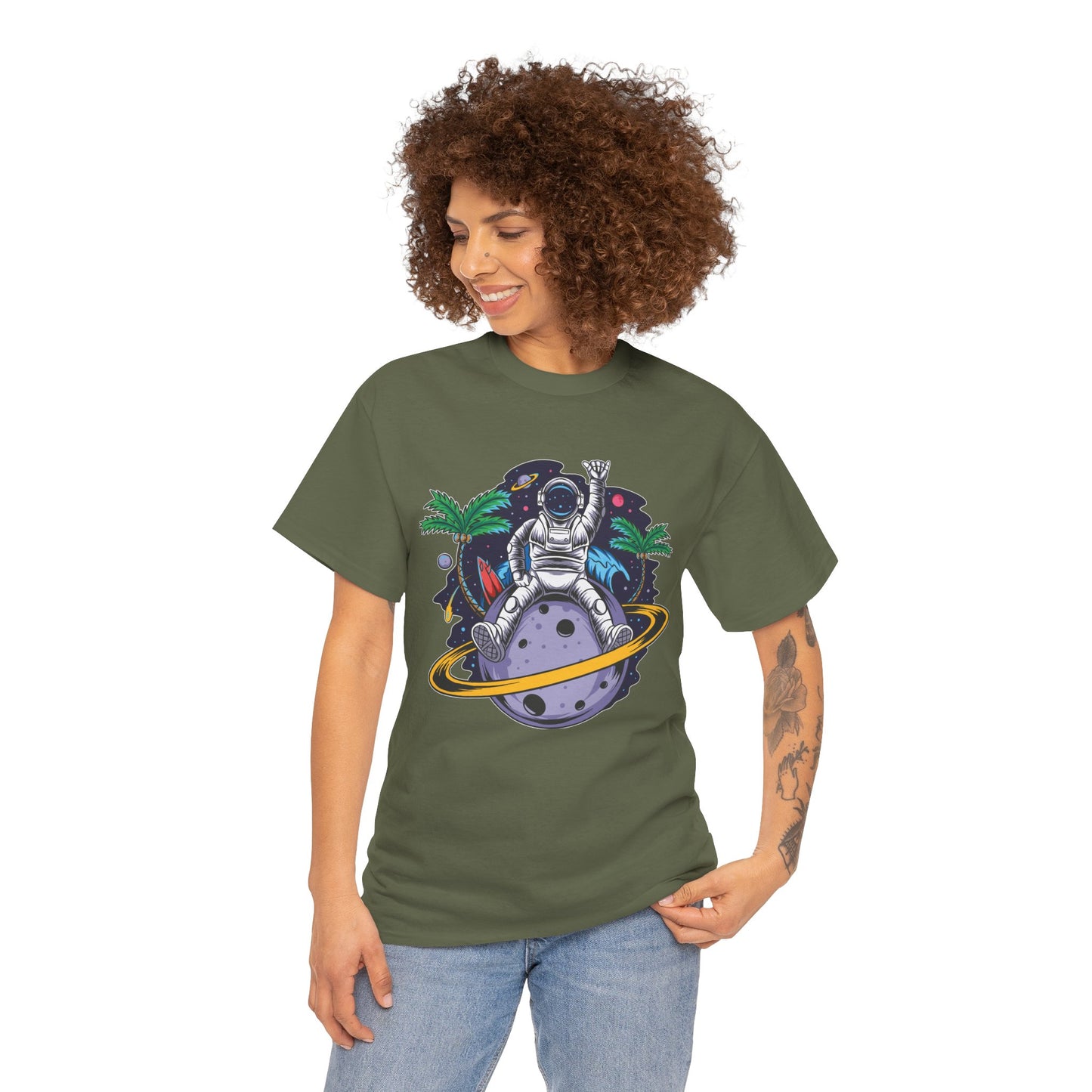 Cosmic Adventure, Unisex Heavy Cotton Tee - Astronaut & Planet Design, graphic design, png, art