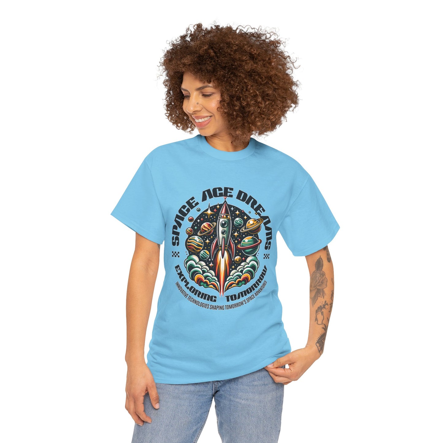 Space Age Dreams, Unisex Heavy Cotton Tee - Retro Rocket Design for Space Lovers, graphic design, png