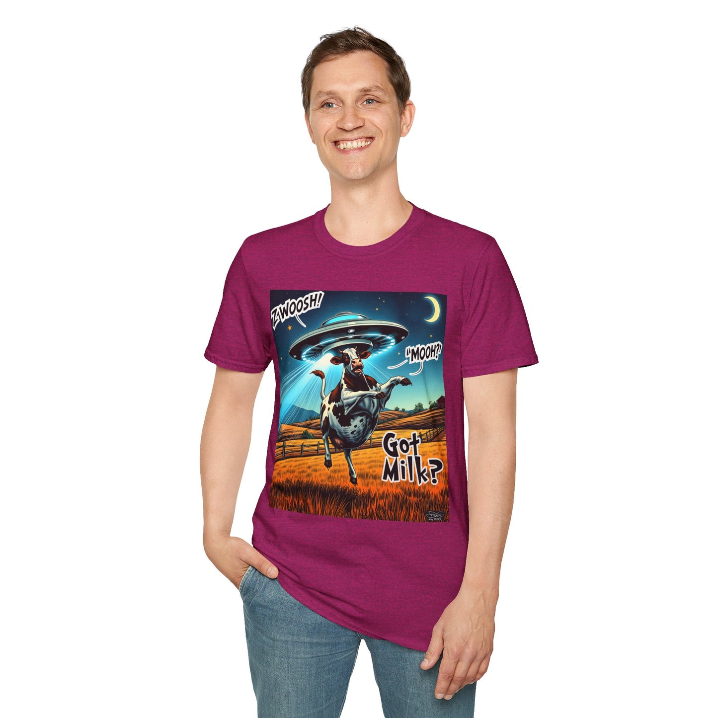 Funny Alien Cow T-Shirt - Got Milk? Unisex Soft style graphic Tee, UFO, galaxies, space, Blackhole, graphic design, png, sublimation