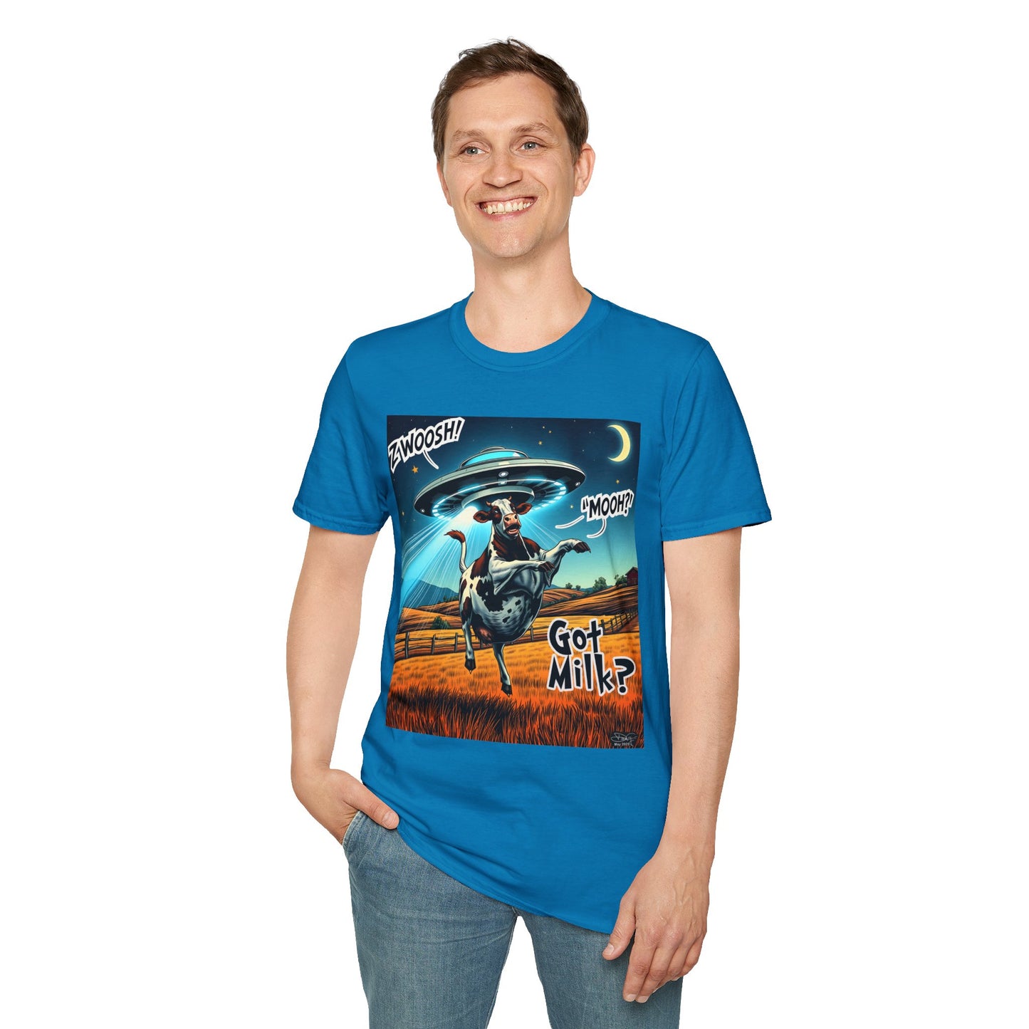 Funny Alien Cow T-Shirt - Got Milk? Unisex Soft style graphic Tee, UFO, galaxies, space, Blackhole, graphic design, png, sublimation