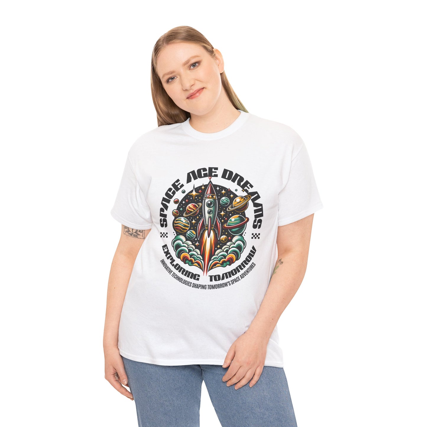 Space Age Dreams, Unisex Heavy Cotton Tee - Retro Rocket Design for Space Lovers, graphic design, png