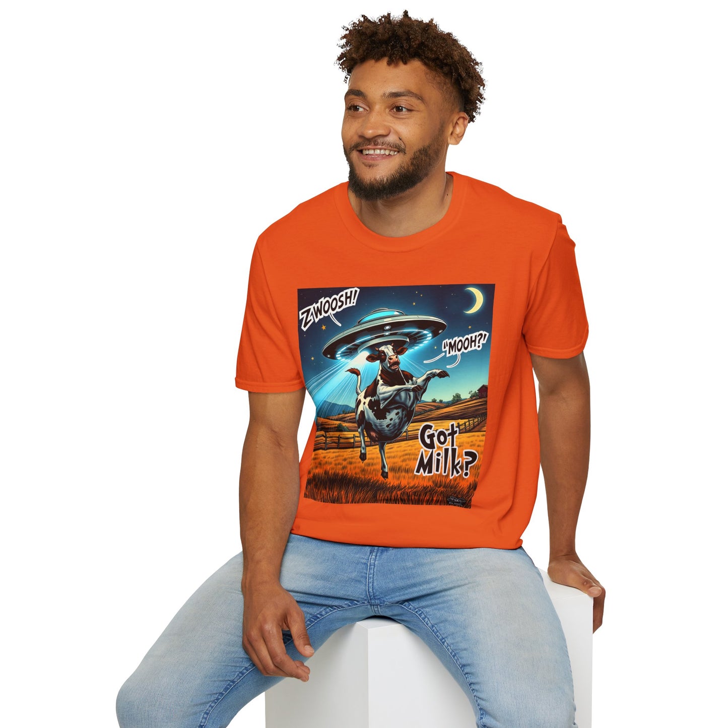 Funny Alien Cow T-Shirt - Got Milk? Unisex Soft style graphic Tee, UFO, galaxies, space, Blackhole, graphic design, png, sublimation