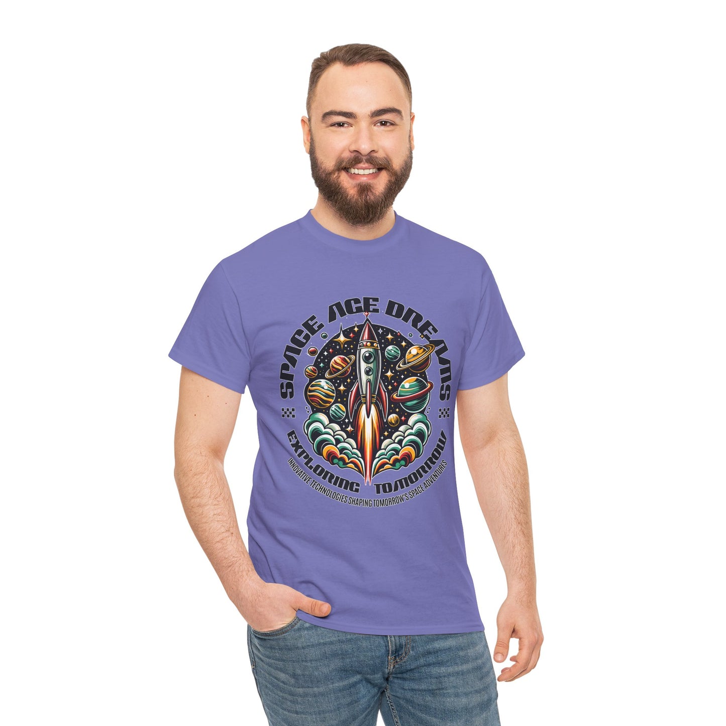 Space Age Dreams, Unisex Heavy Cotton Tee - Retro Rocket Design for Space Lovers, graphic design, png
