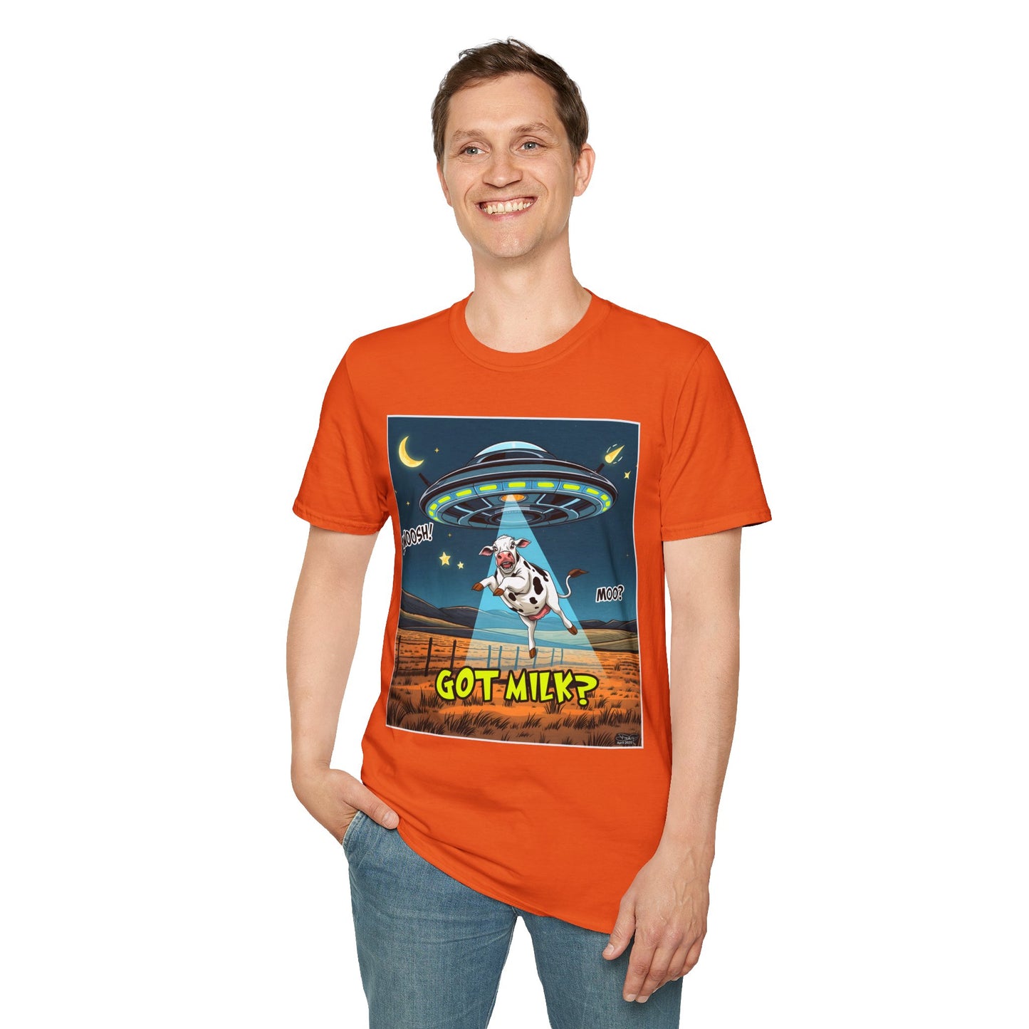 Got Milk? Cow UFO Unisex Softstyle T-Shirt – Fun Graphic Tee for Dairy Lovers, graphic tees, t-shirt, tshirt, graphic design, png