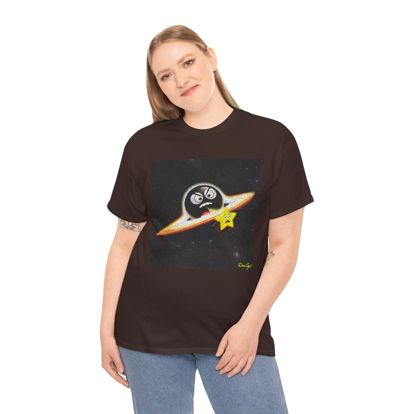 BlackHole Chasing Star, Space-Themed Unisex Heavy Cotton Tee with Cartoon Penguin Design, graphic design, png