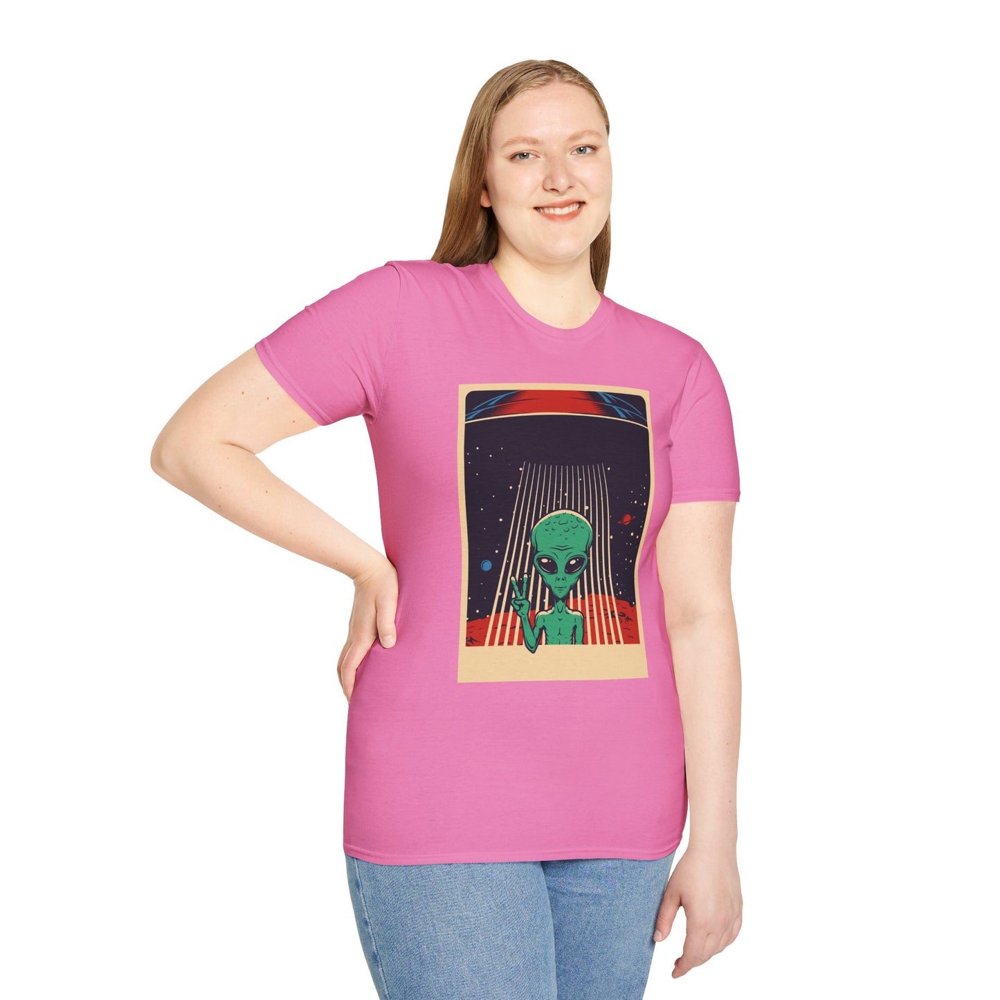 Cosmic Alien Peace Unisex Softstyle T-Shirt, Vintage UFO Tee, Space Lover Gift, Sci-Fi Fan Shirt, Trendy Graphic Tee, GraphicTees, t-shirts