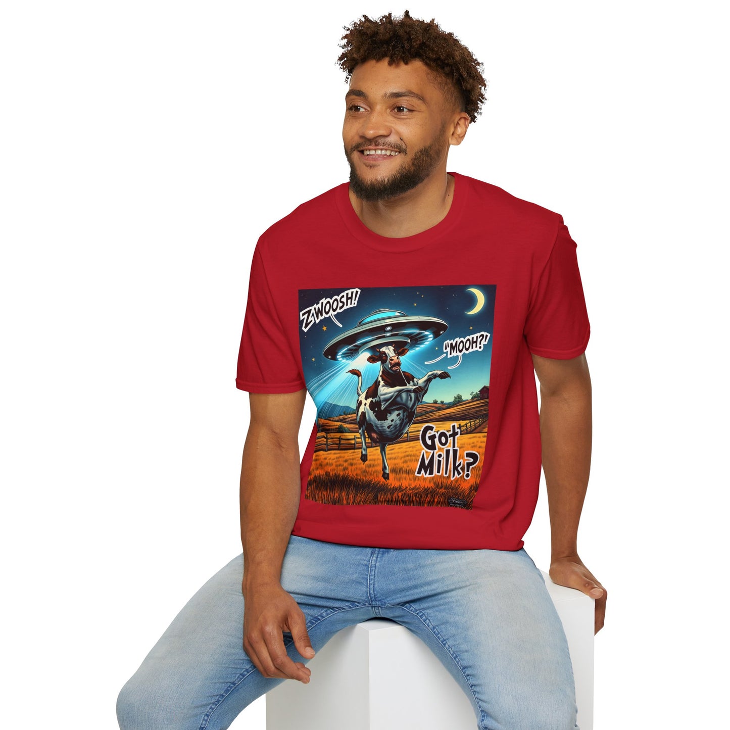 Funny Alien Cow T-Shirt - Got Milk? Unisex Soft style graphic Tee, UFO, galaxies, space, Blackhole, graphic design, png, sublimation