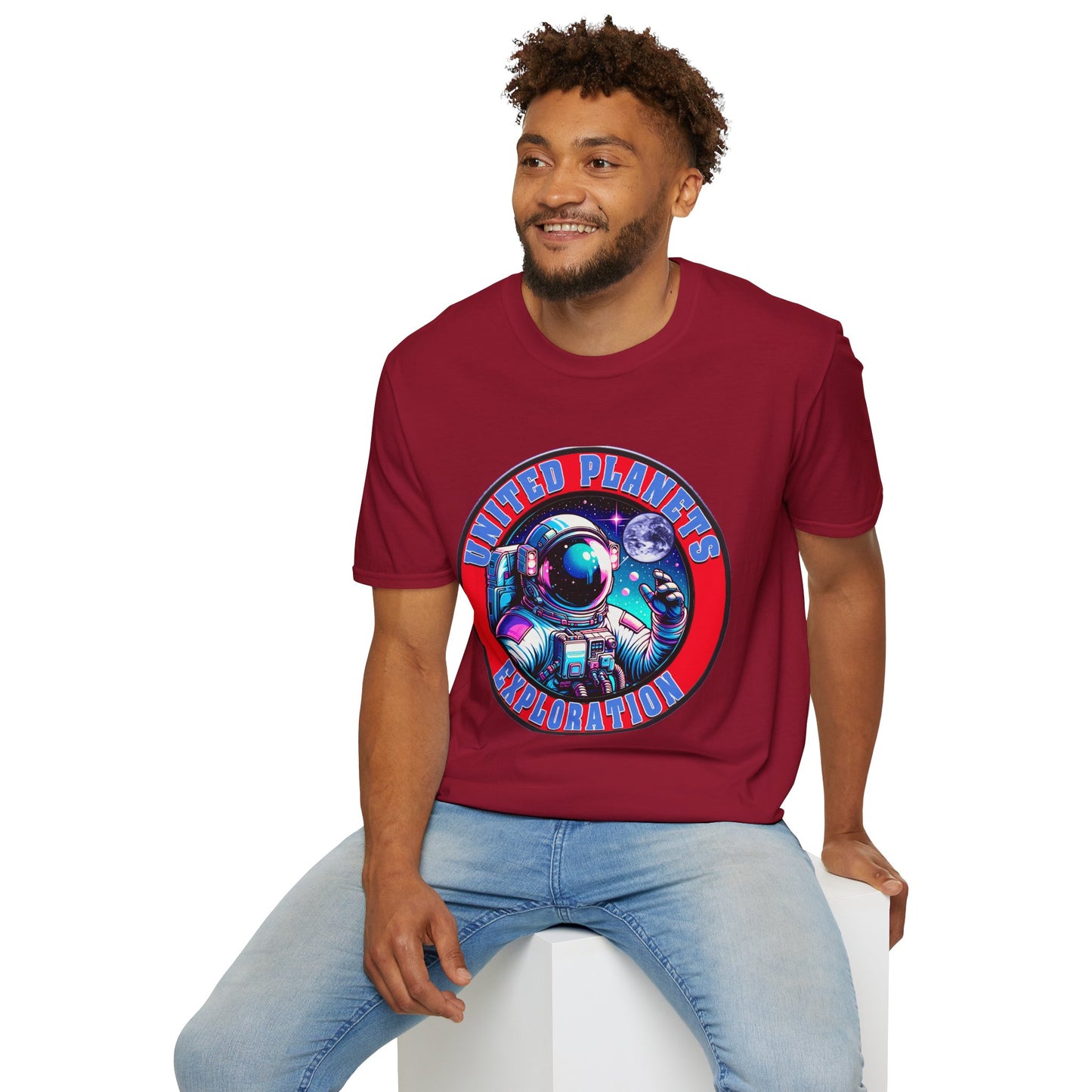 United Planets Exploration Astronaut T-Shirt, Science Themed Tee, Outer Space Shirt for Gift, Birthday, Unisex Softstyle Apparel