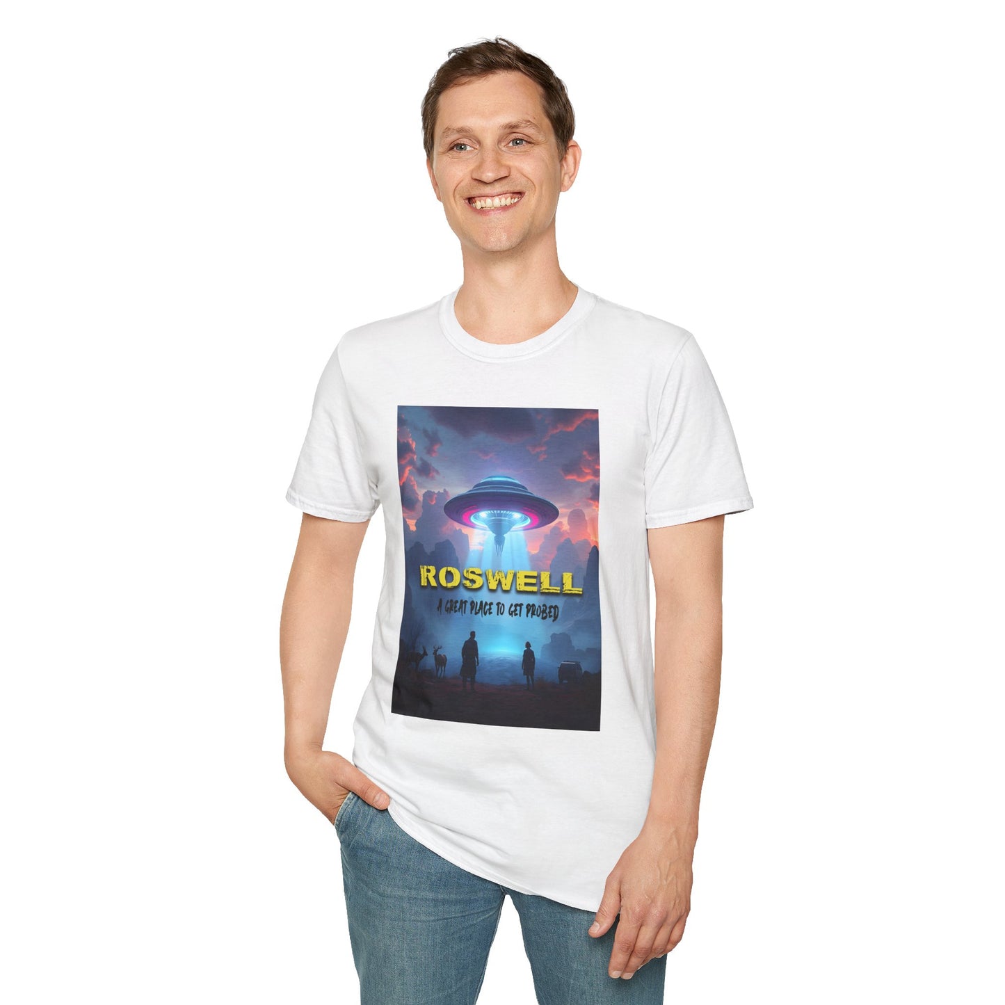 Roswell Probed Retro T-Shirt - Alien UFO Lover Gift, Sci-Fi Apparel, Extraterrestrial Tee, Unisex Softstyle Clothing, graphic design, png