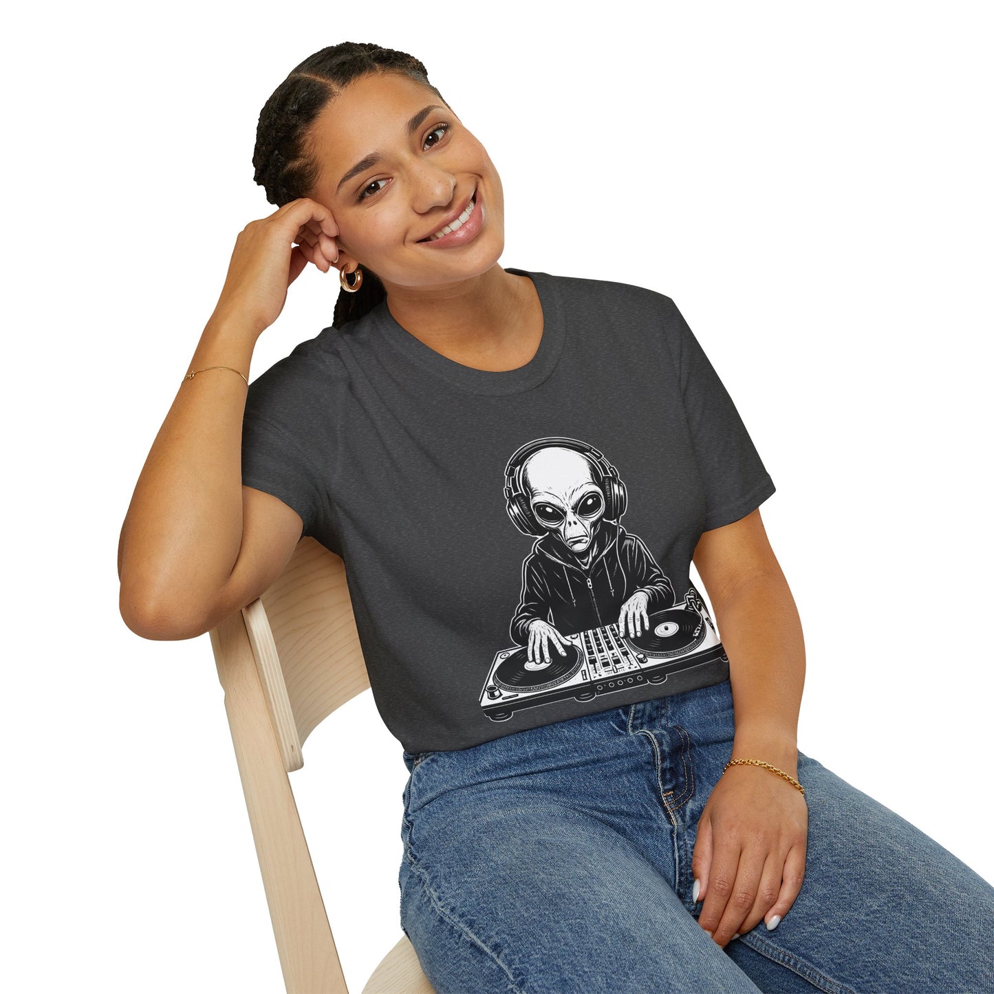 DJ Alien Graphic T-Shirt | Unisex Softstyle Tee for Music Lovers, Gifts for DJs, Cool Casual Wear, Festival Apparel, Unique Alien Design