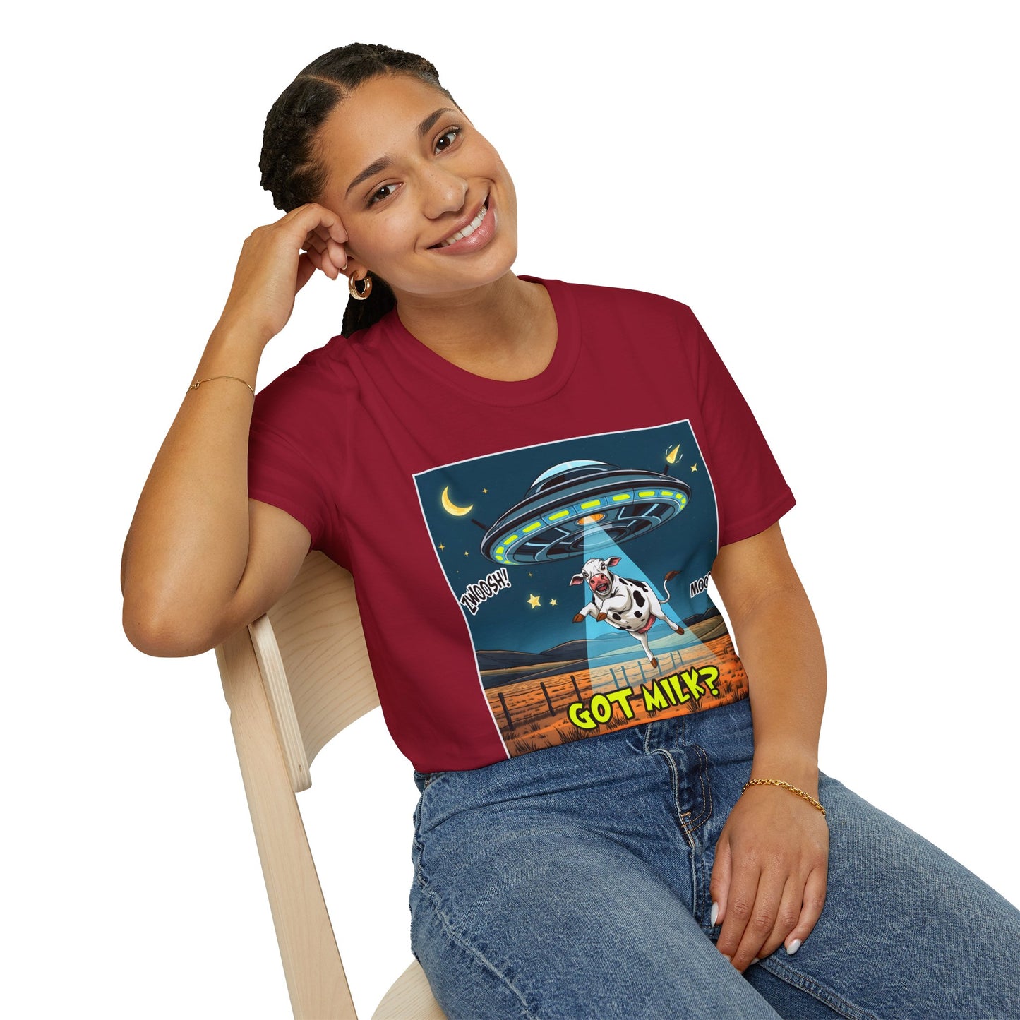 Got Milk? Cow UFO Unisex Softstyle T-Shirt – Fun Graphic Tee for Dairy Lovers, graphic tees, t-shirt, tshirt, graphic design, png