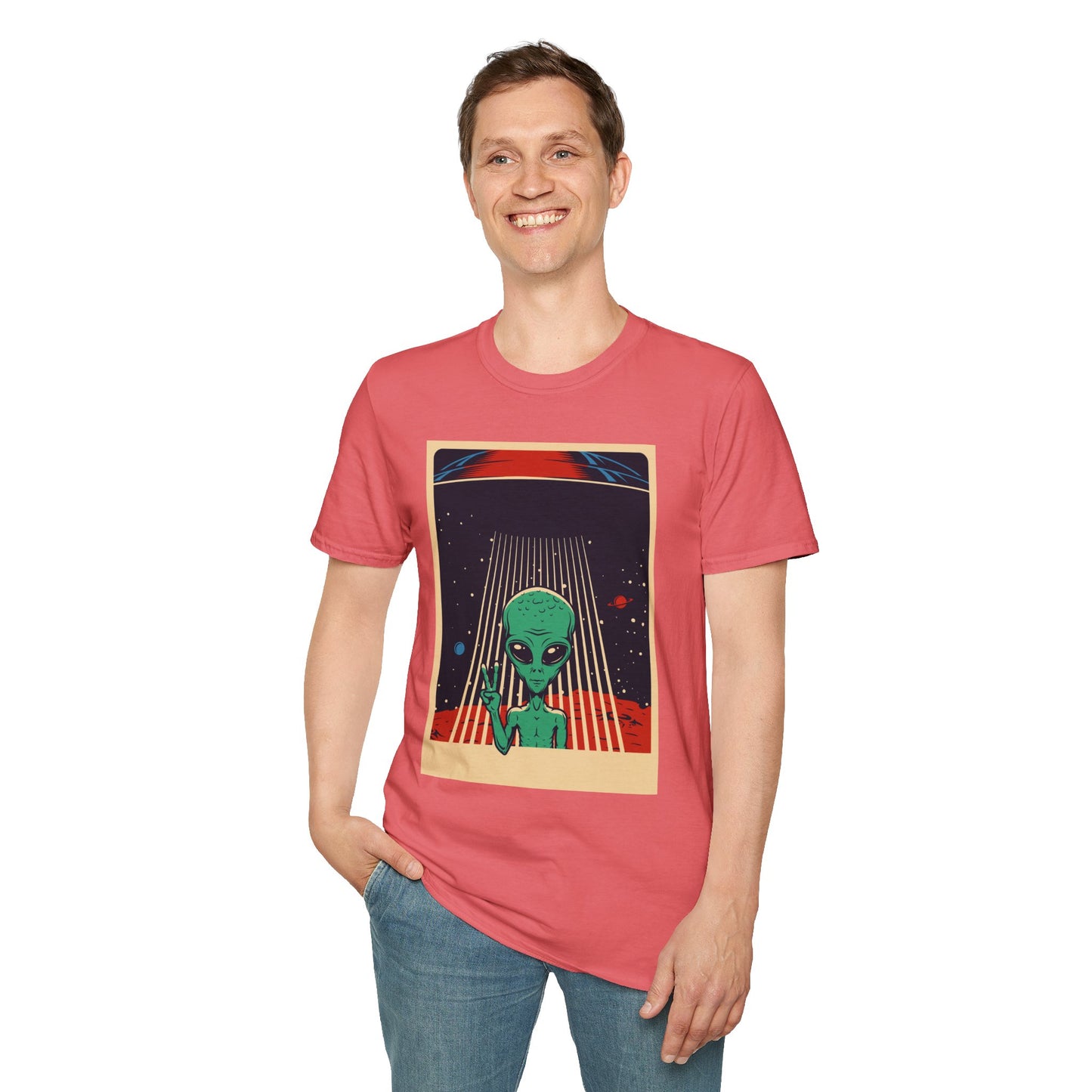 Cosmic Alien Peace Unisex Softstyle T-Shirt, Vintage UFO Tee, Space Lover Gift, Sci-Fi Fan Shirt, Trendy Graphic Tee, GraphicTees, t-shirts