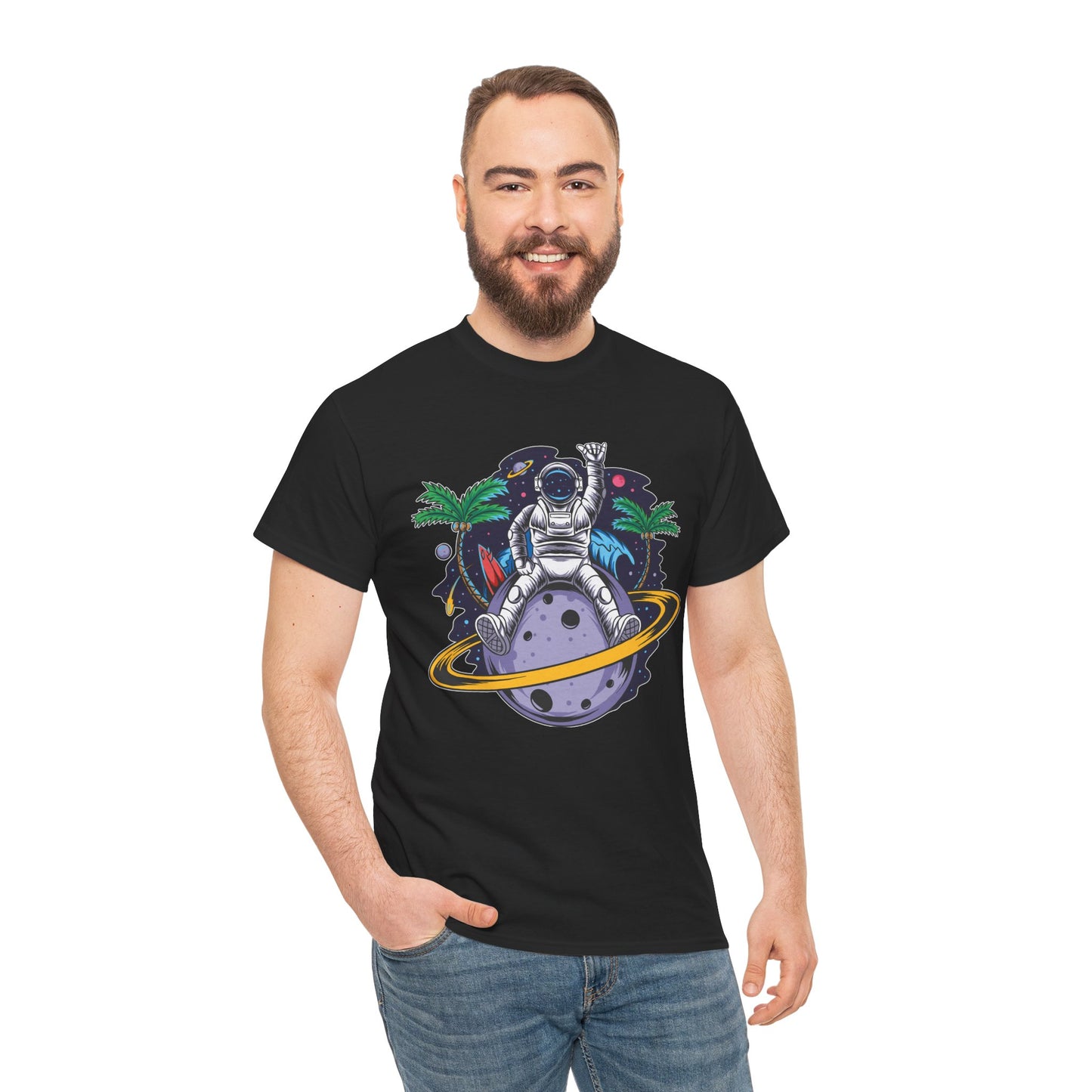 Cosmic Adventure, Unisex Heavy Cotton Tee - Astronaut & Planet Design, graphic design, png, art