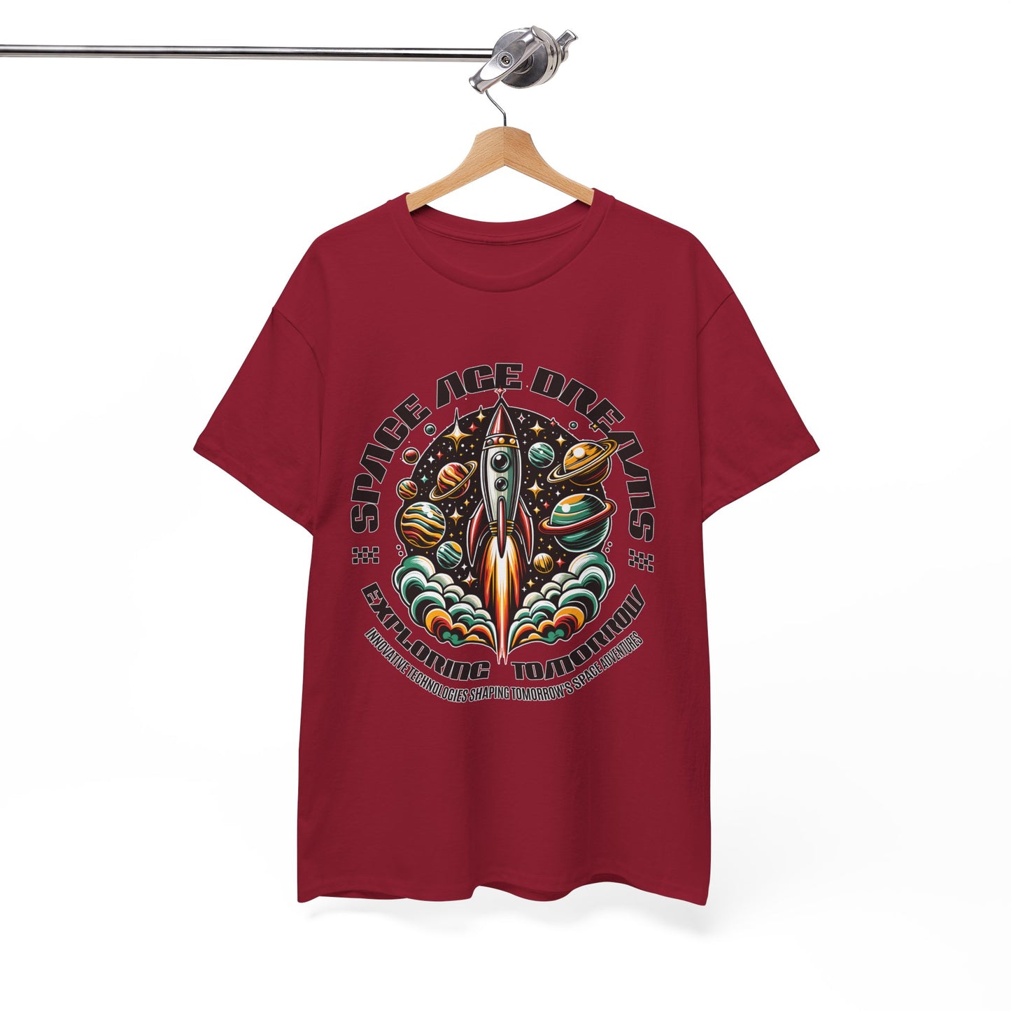 Space Age Dreams, Unisex Heavy Cotton Tee - Retro Rocket Design for Space Lovers, graphic design, png