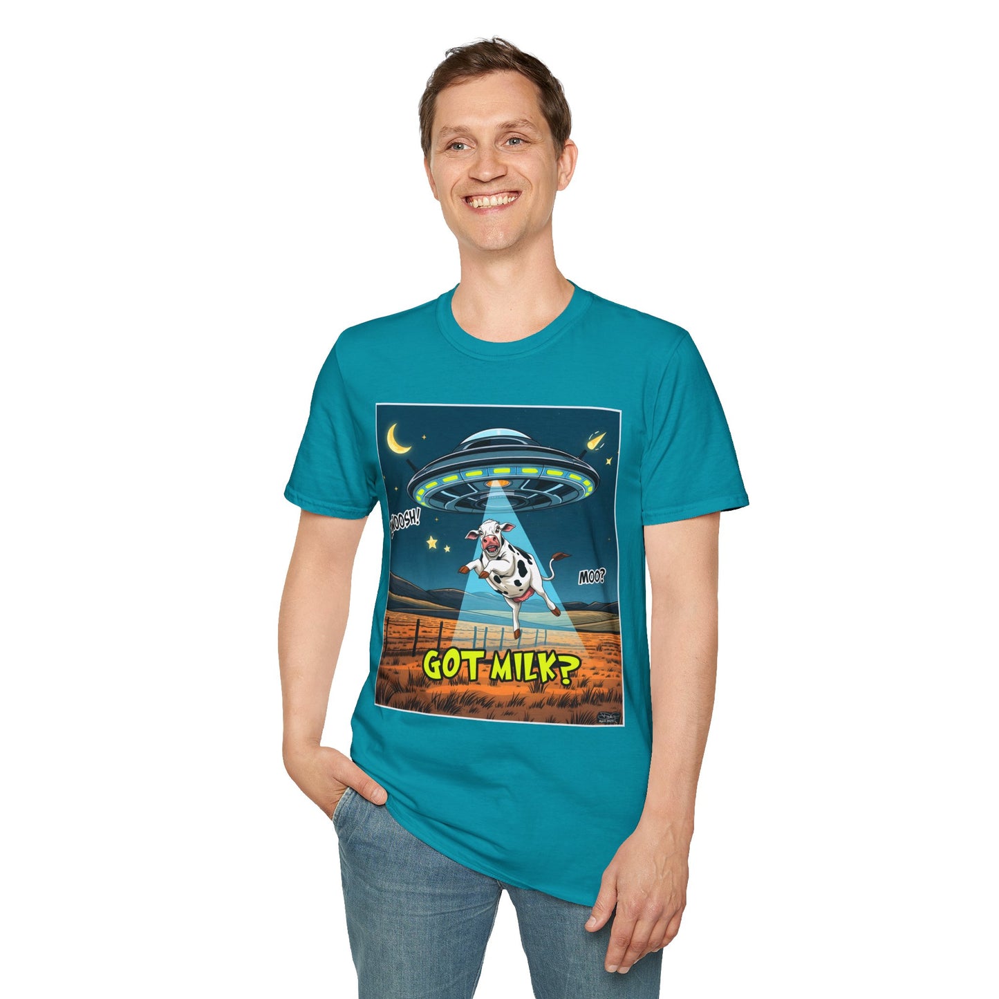 Got Milk? Cow UFO Unisex Softstyle T-Shirt – Fun Graphic Tee for Dairy Lovers, graphic tees, t-shirt, tshirt, graphic design, png
