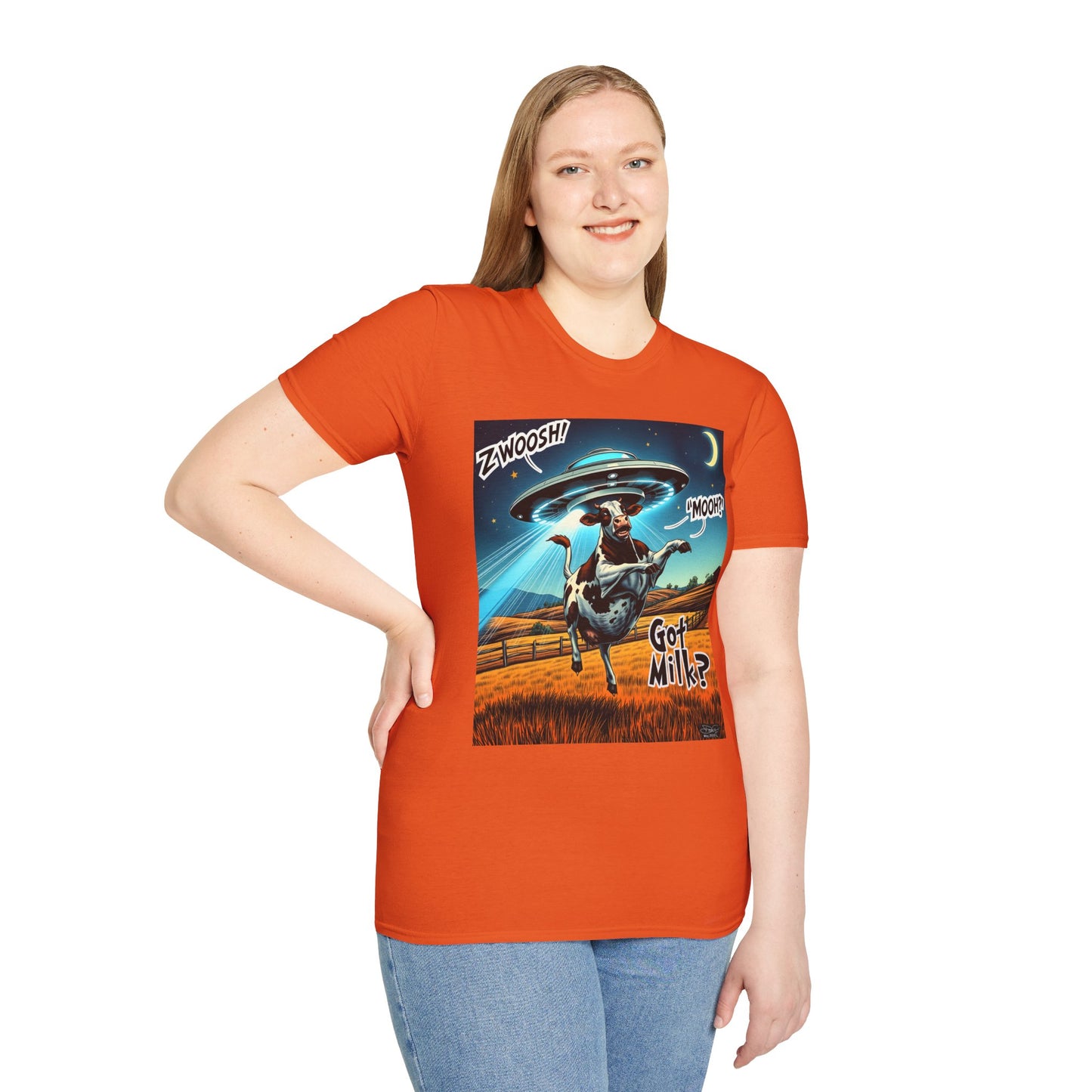 Funny Alien Cow T-Shirt - Got Milk? Unisex Soft style graphic Tee, UFO, galaxies, space, Blackhole, graphic design, png, sublimation