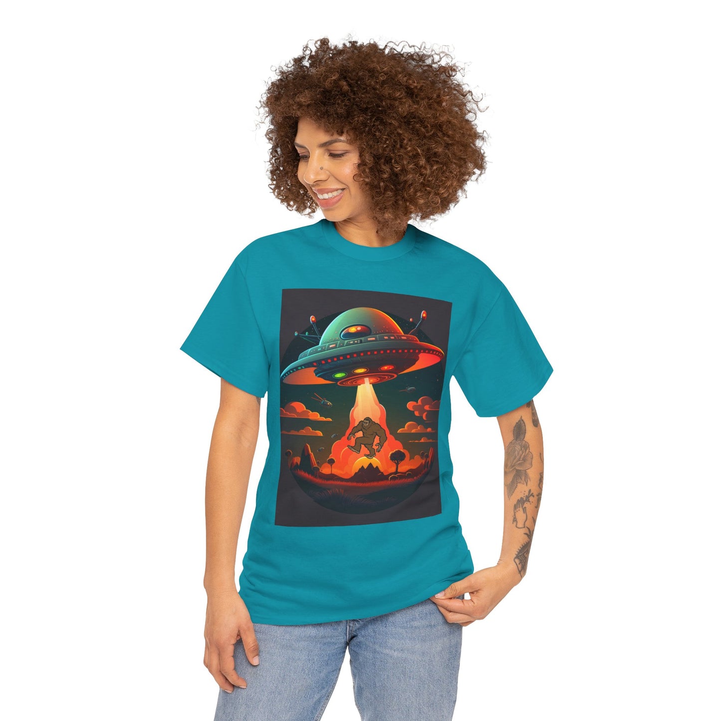 UFO, Bigfoot, Unisex Heavy Cotton Tee, graphic design, t-shirt, t-shirts, tshirts, png