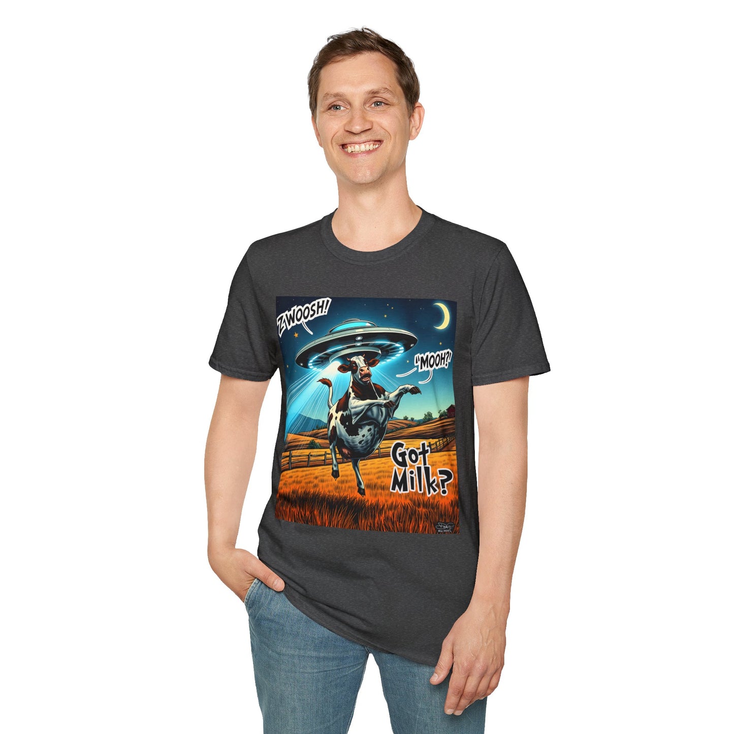 Funny Alien Cow T-Shirt - Got Milk? Unisex Soft style graphic Tee, UFO, galaxies, space, Blackhole, graphic design, png, sublimation