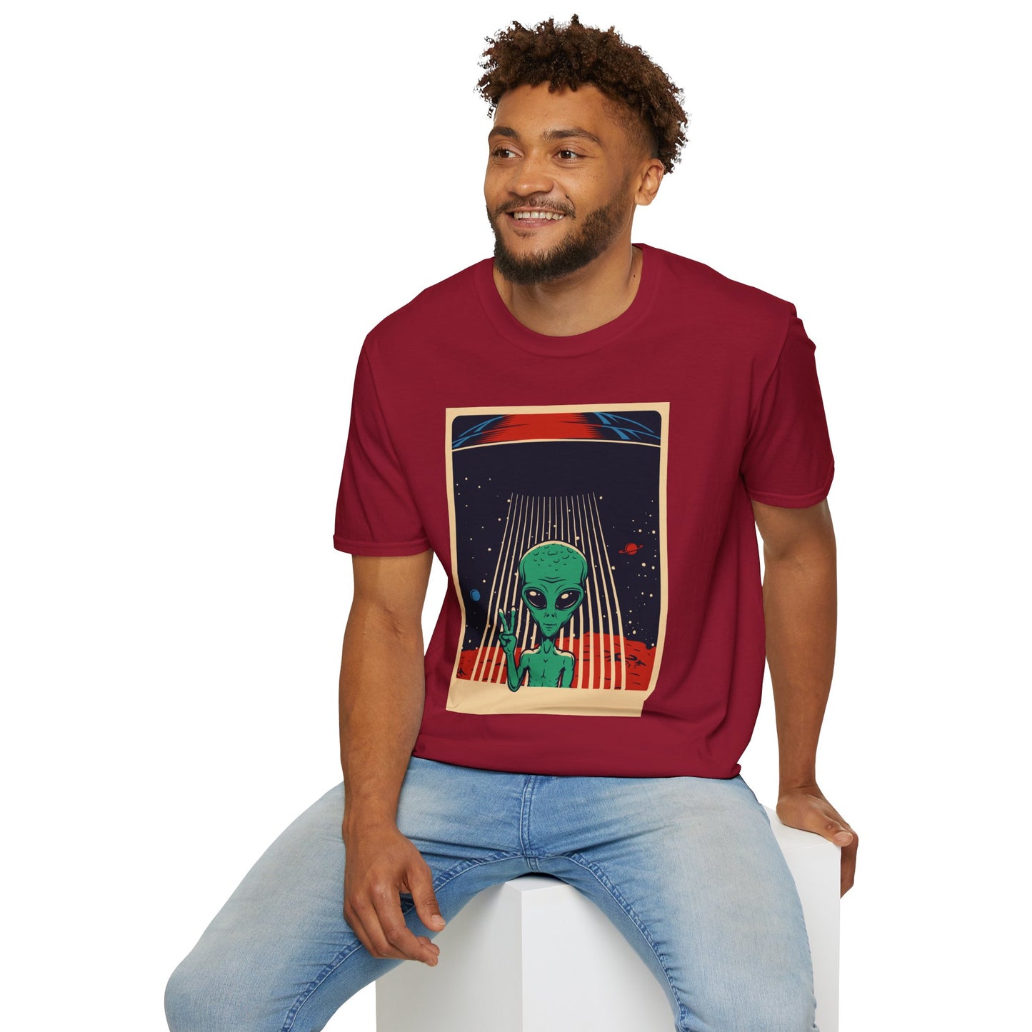 Cosmic Alien Peace Unisex Softstyle T-Shirt, Vintage UFO Tee, Space Lover Gift, Sci-Fi Fan Shirt, Trendy Graphic Tee, GraphicTees, t-shirts