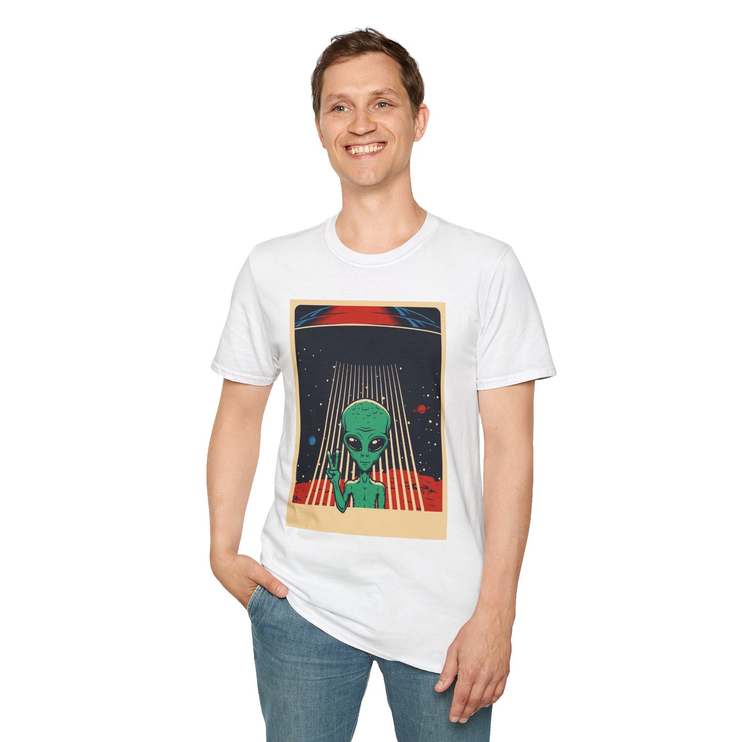 Cosmic Alien Peace Unisex Softstyle T-Shirt, Vintage UFO Tee, Space Lover Gift, Sci-Fi Fan Shirt, Trendy Graphic Tee, GraphicTees, t-shirts