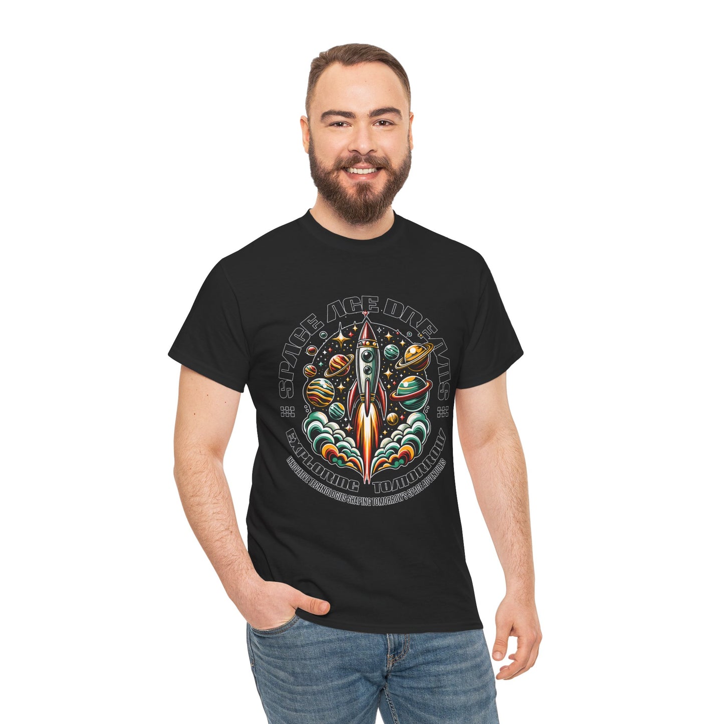 Space Age Dreams, Unisex Heavy Cotton Tee - Retro Rocket Design for Space Lovers, graphic design, png