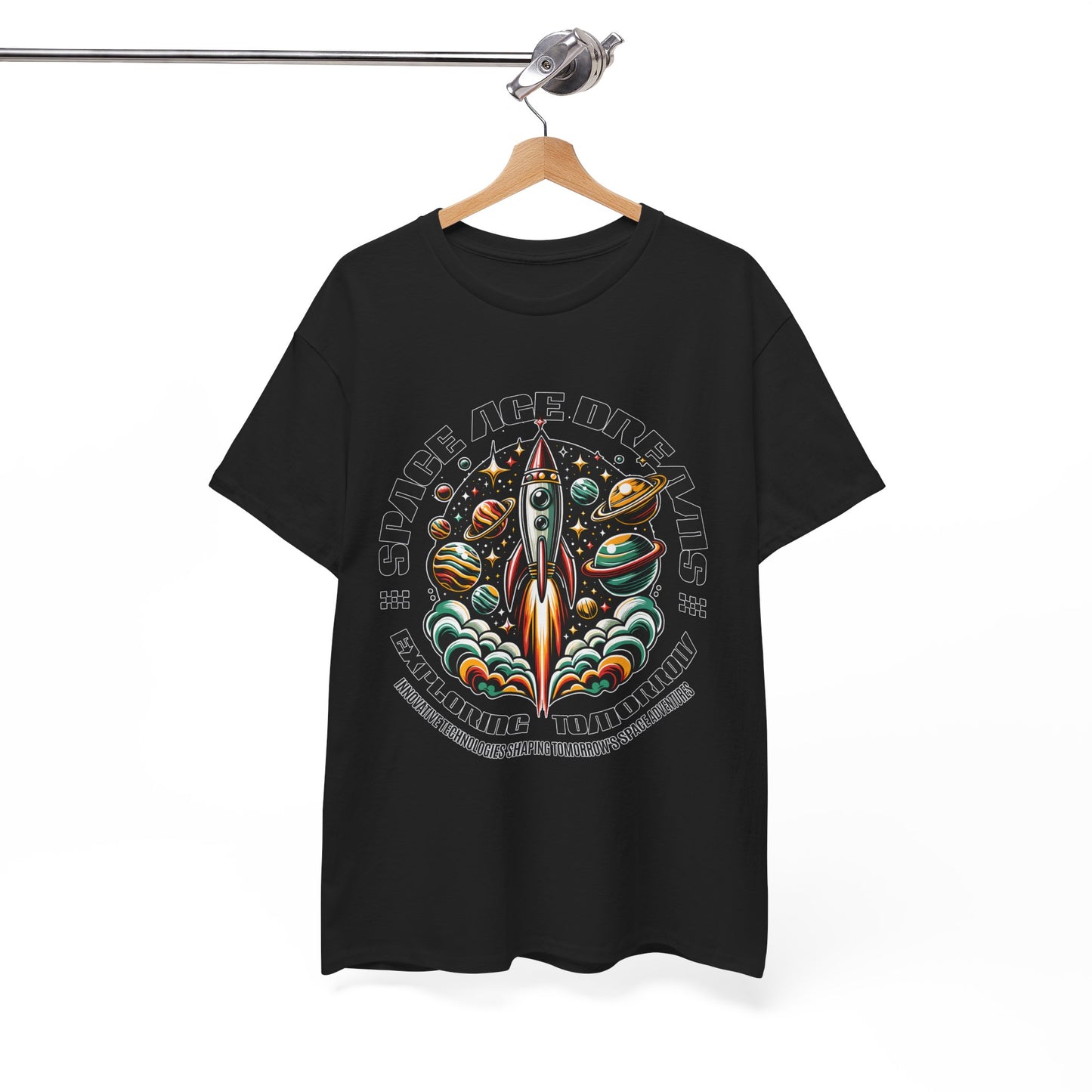 Space Age Dreams, Unisex Heavy Cotton Tee - Retro Rocket Design for Space Lovers, graphic design, png