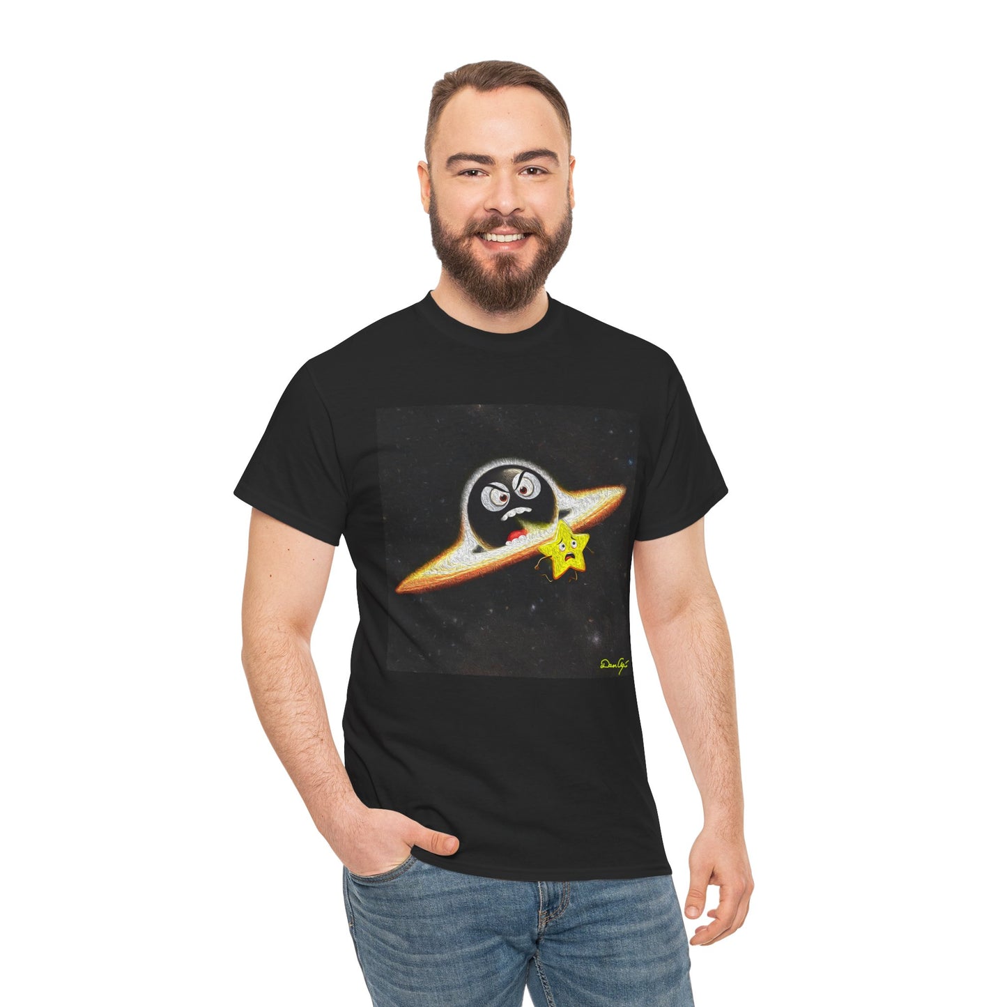 BlackHole Chasing Star, Space-Themed Unisex Heavy Cotton Tee with Cartoon Penguin Design, graphic design, png