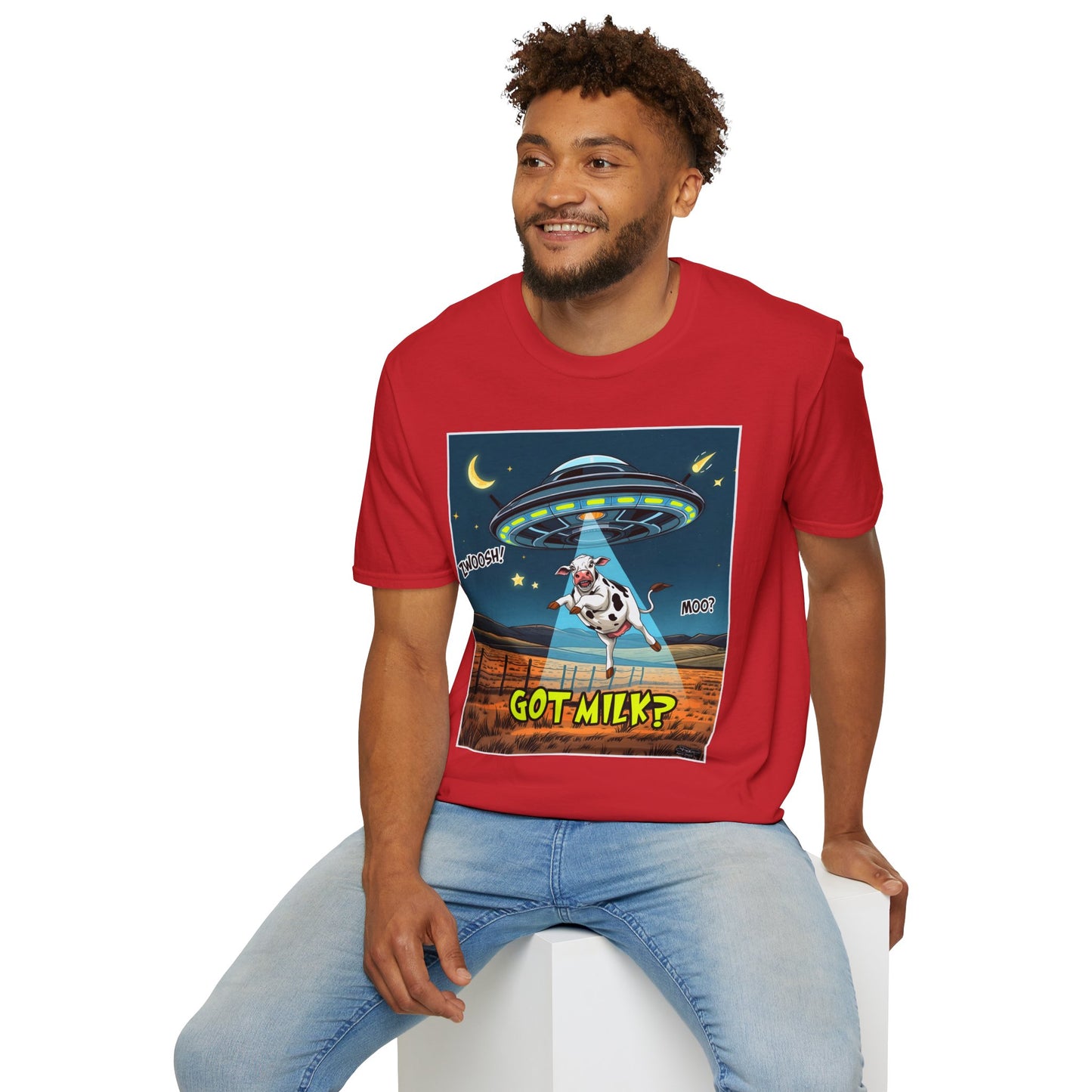 Got Milk? Cow UFO Unisex Softstyle T-Shirt – Fun Graphic Tee for Dairy Lovers, graphic tees, t-shirt, tshirt, graphic design, png