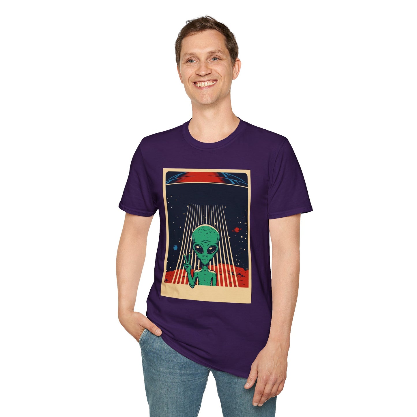 Cosmic Alien Peace Unisex Softstyle T-Shirt, Vintage UFO Tee, Space Lover Gift, Sci-Fi Fan Shirt, Trendy Graphic Tee, GraphicTees, t-shirts