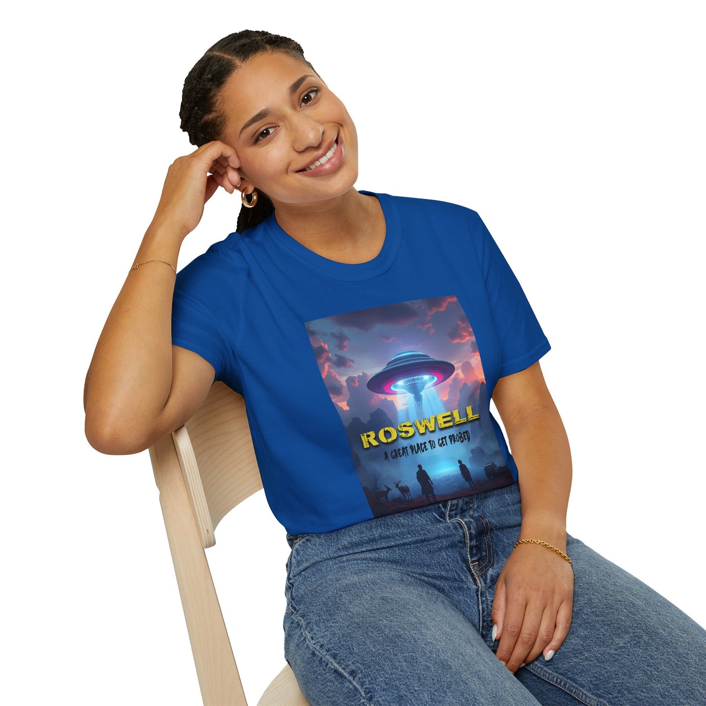 Roswell Probed Retro T-Shirt - Alien UFO Lover Gift, Sci-Fi Apparel, Extraterrestrial Tee, Unisex Softstyle Clothing, graphic design, png